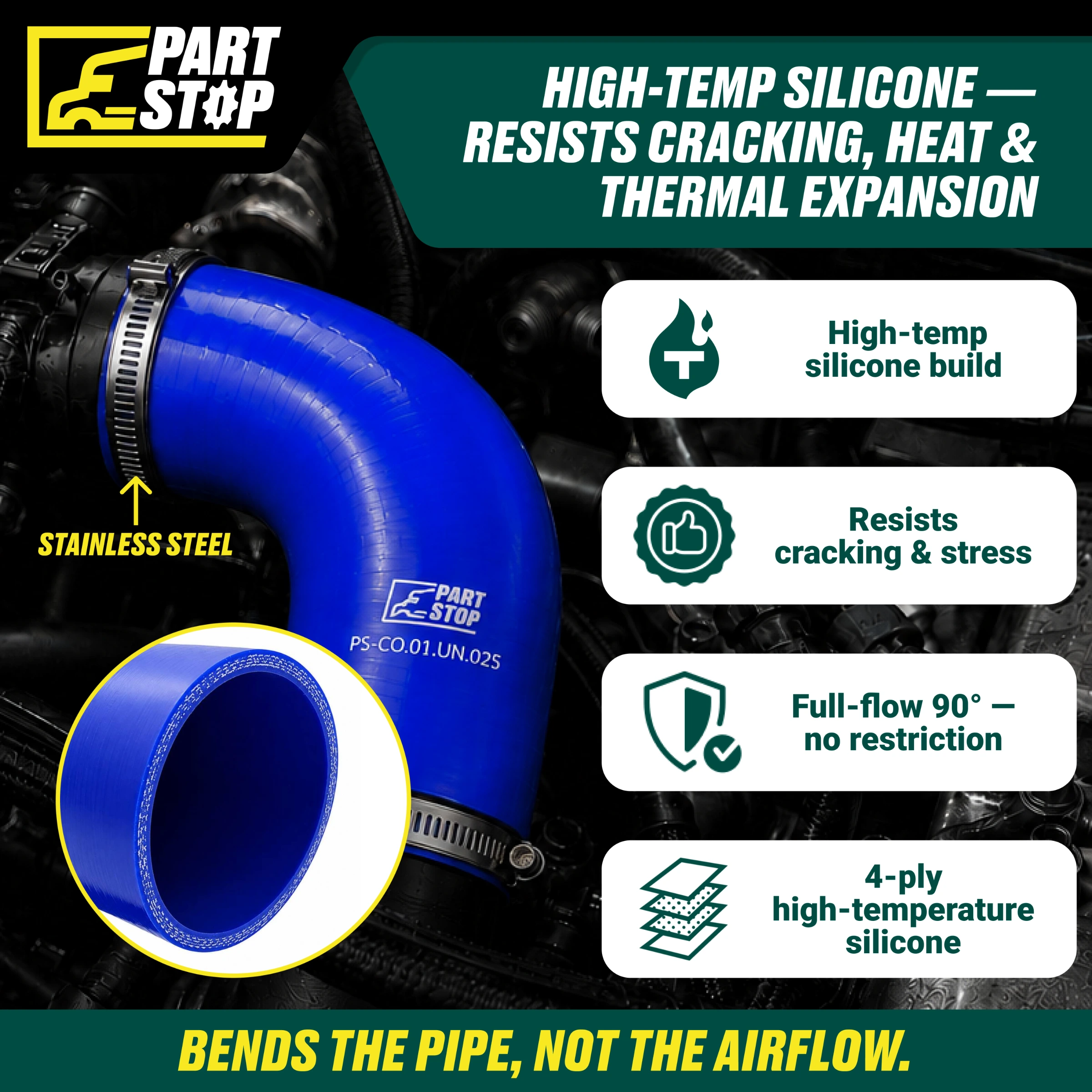 High-Temp 90-Degree Silicone Elbow - 2" ID x 4" Legs - 4-Ply Reinforced - Includes 2 Stainless Steel Clamps F01100S352 — infographic