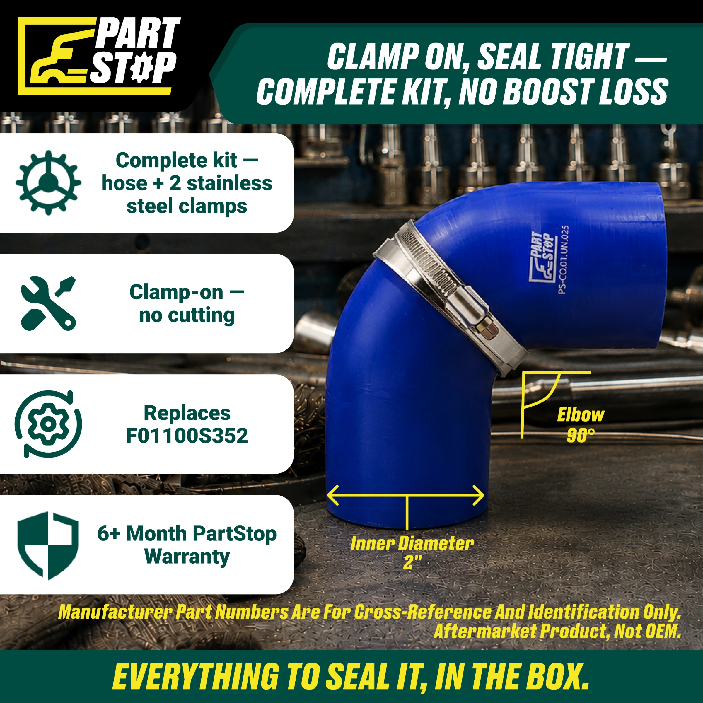 High-Temp 90-Degree Silicone Elbow - 2" ID x 4" Legs - 4-Ply Reinforced - Includes 2 Stainless Steel Clamps F01100S352 — infographic