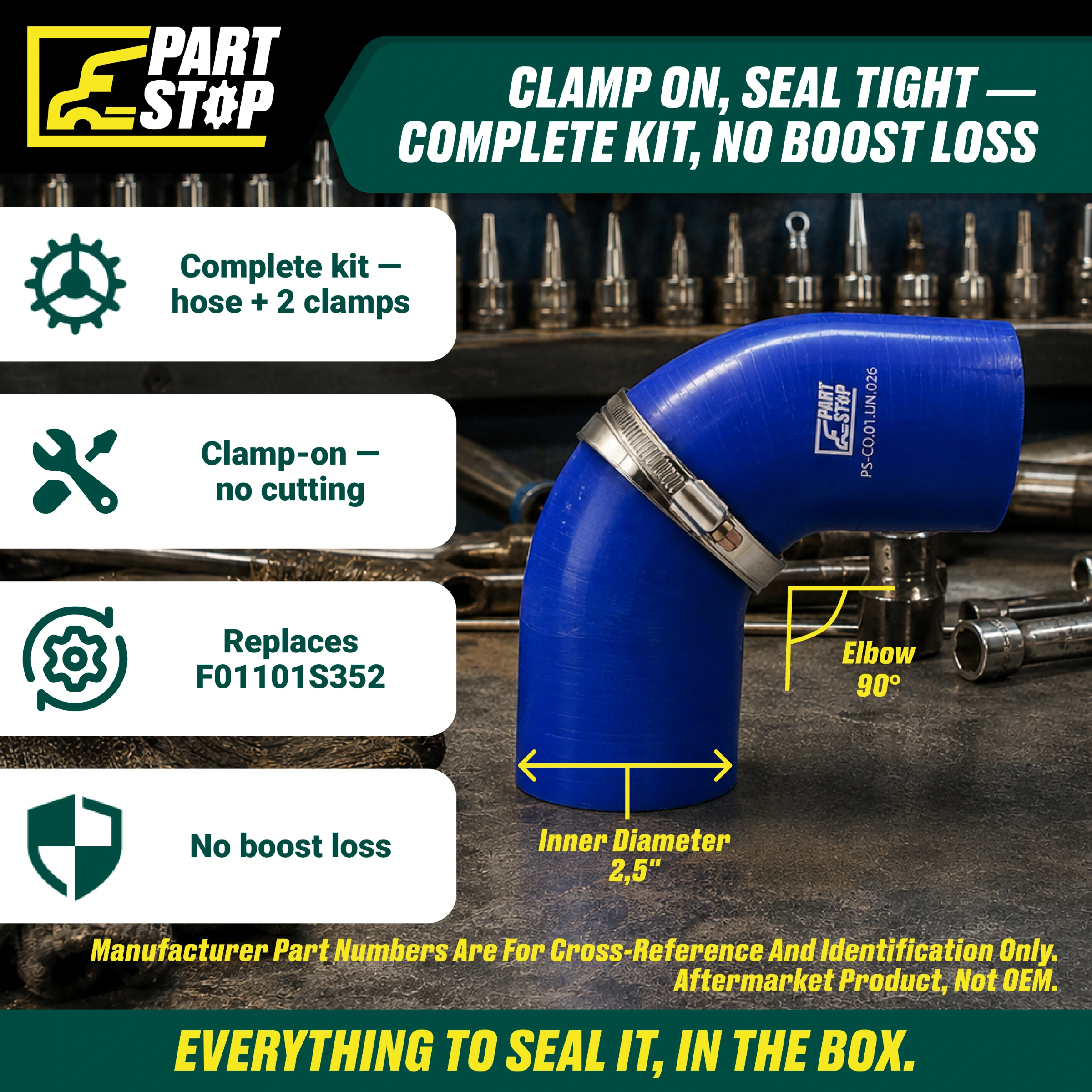 Silicone Hose, 2.5" ID 4"X 4" Elbow High Temp Silicone Charge Air Cooler Hose with 2 Clamps F01101S352 — infographic