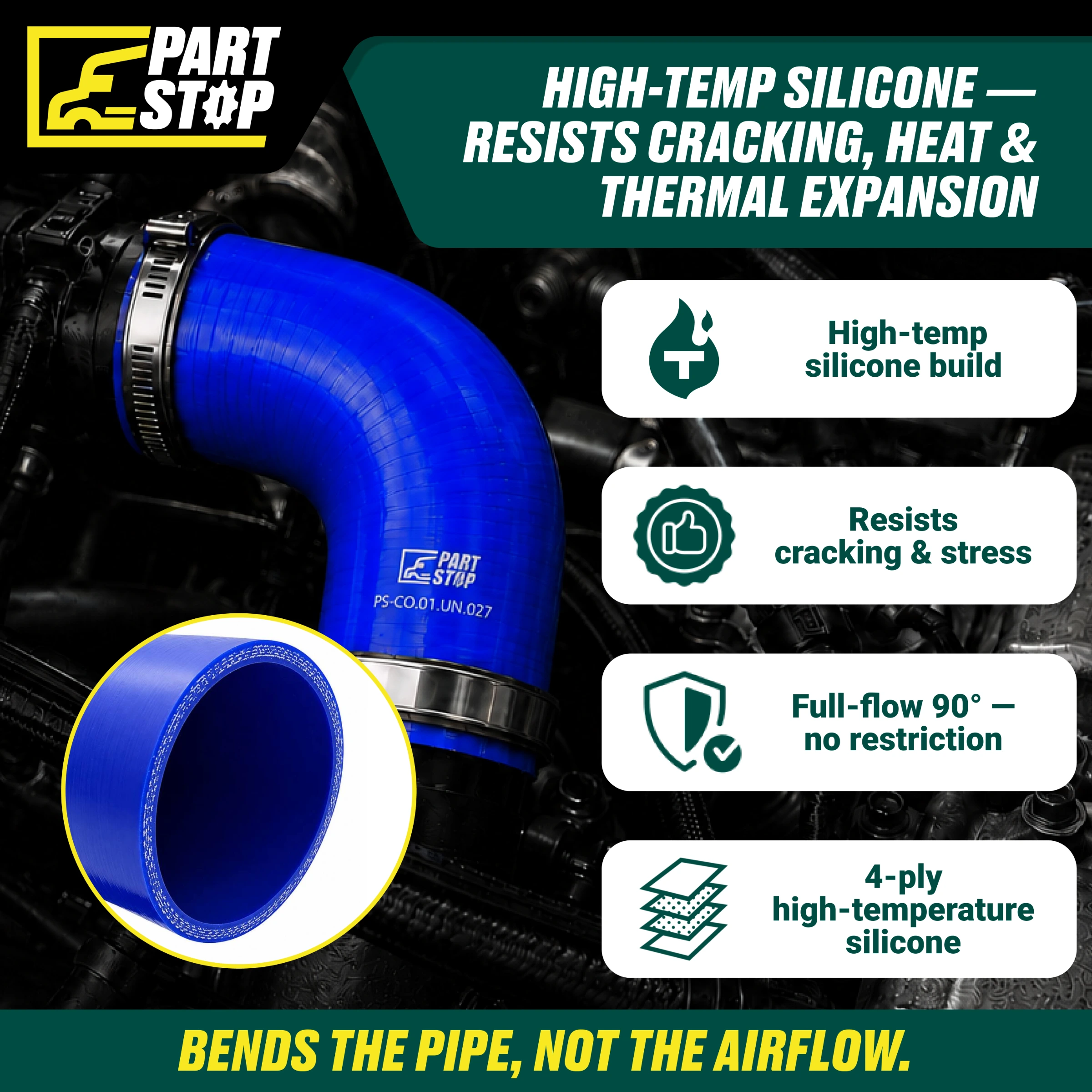 Silicone Hose, 3" ID 5"X 5" Elbow High Temp Silicone Charge Air Cooler Hose with 2 Clamps F01102S352 — infographic