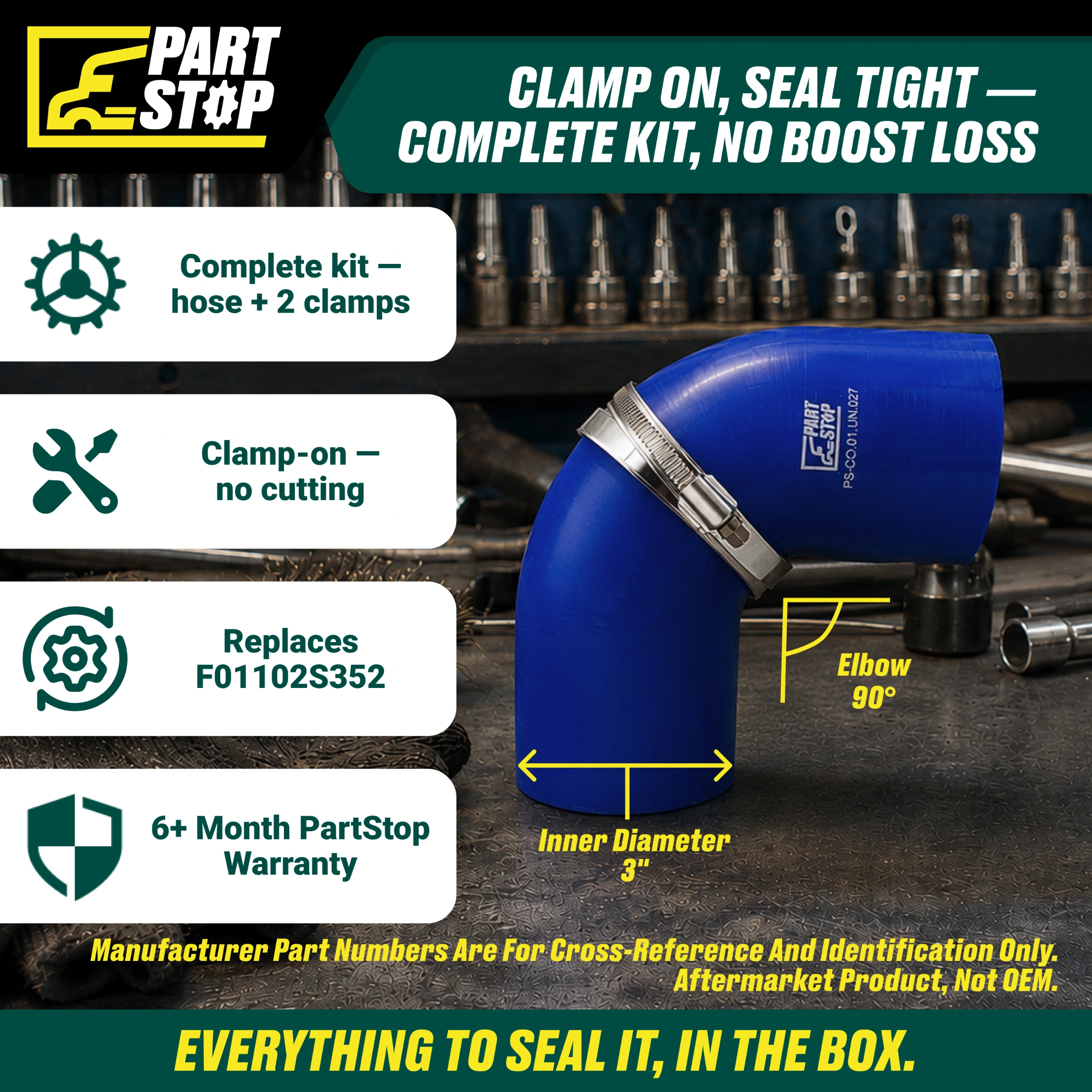 Silicone Hose, 3" ID 5"X 5" Elbow High Temp Silicone Charge Air Cooler Hose with 2 Clamps F01102S352 — infographic
