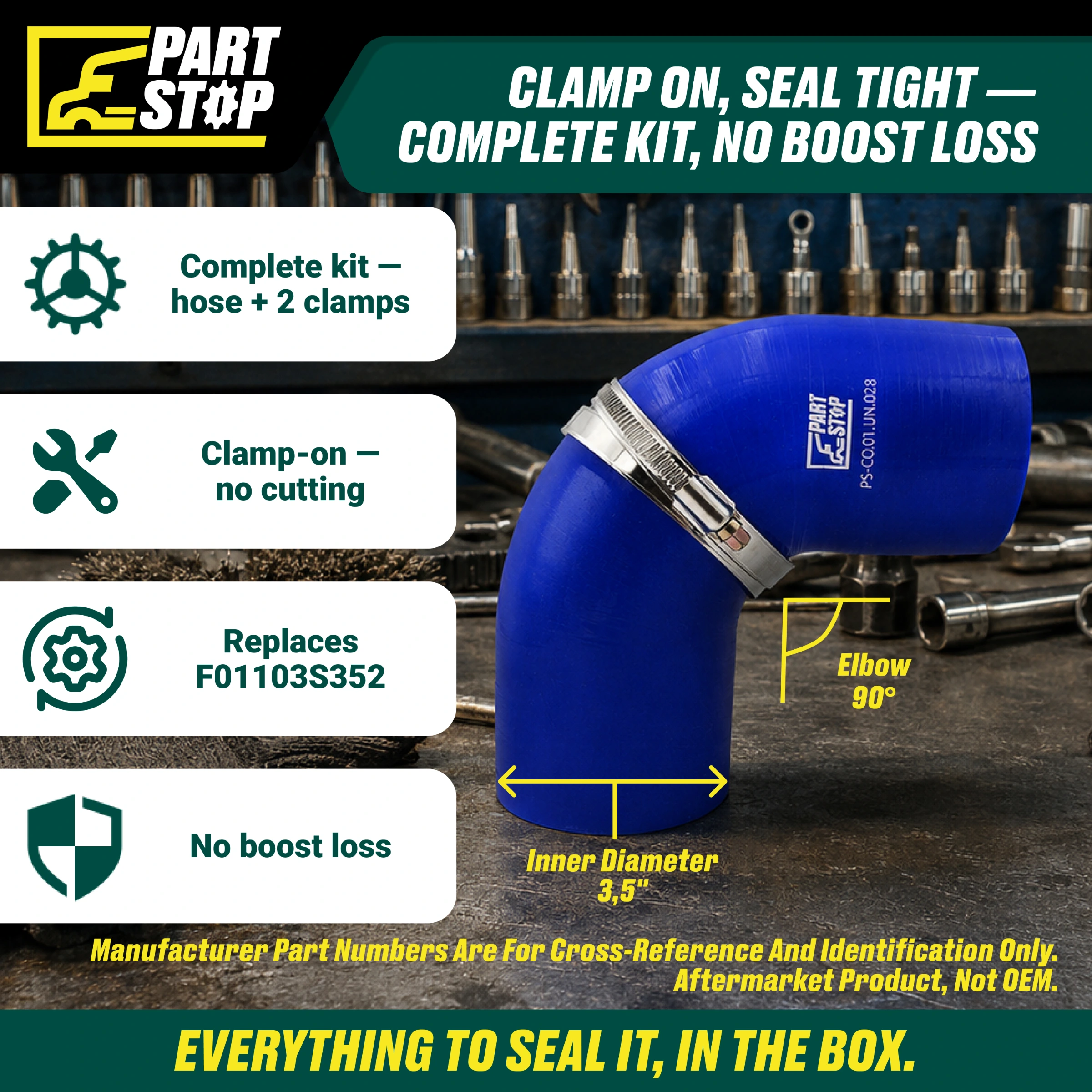 Silicone Hose, 3.5" ID 5"X 5" Elbow High Temp Silicone Charge Air Cooler Hose with 2 Clamps F01103S352 — infographic