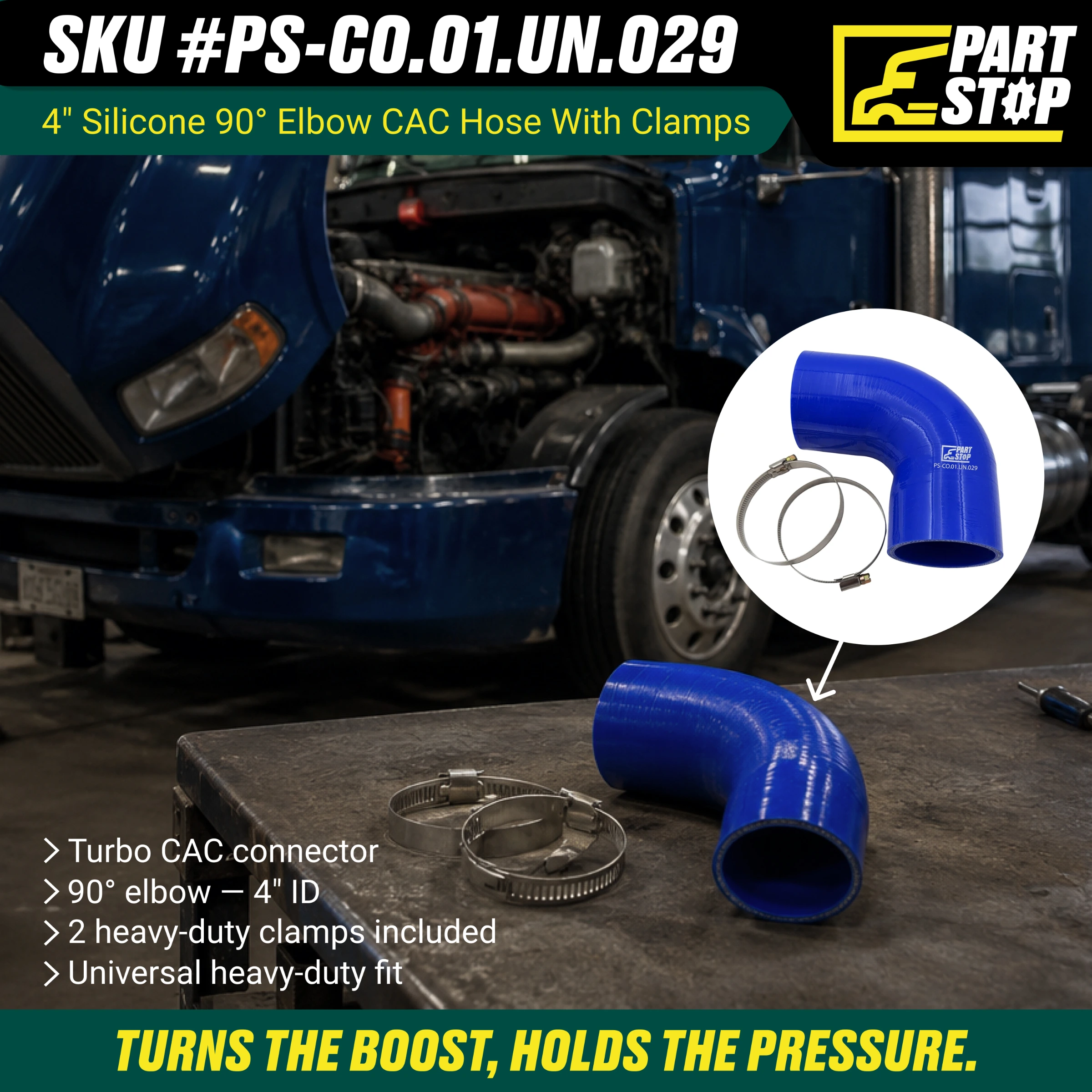 Silicone Hose, 4" ID 5"X 5" Elbow High Temp Silicone Charge Air Cooler Hose with 2 Clamps F01104S352 — infographic