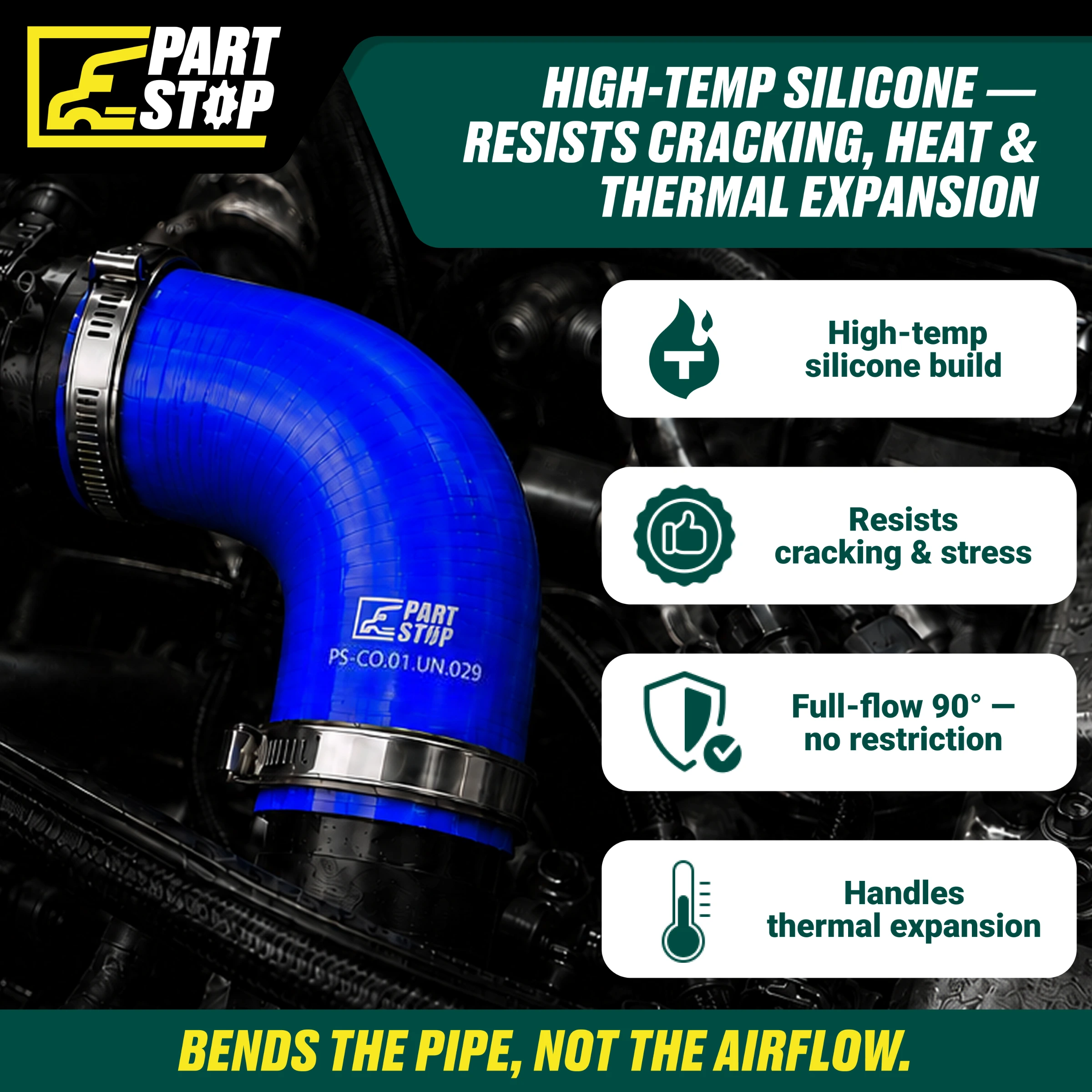 Silicone Hose, 4" ID 5"X 5" Elbow High Temp Silicone Charge Air Cooler Hose with 2 Clamps F01104S352 — infographic
