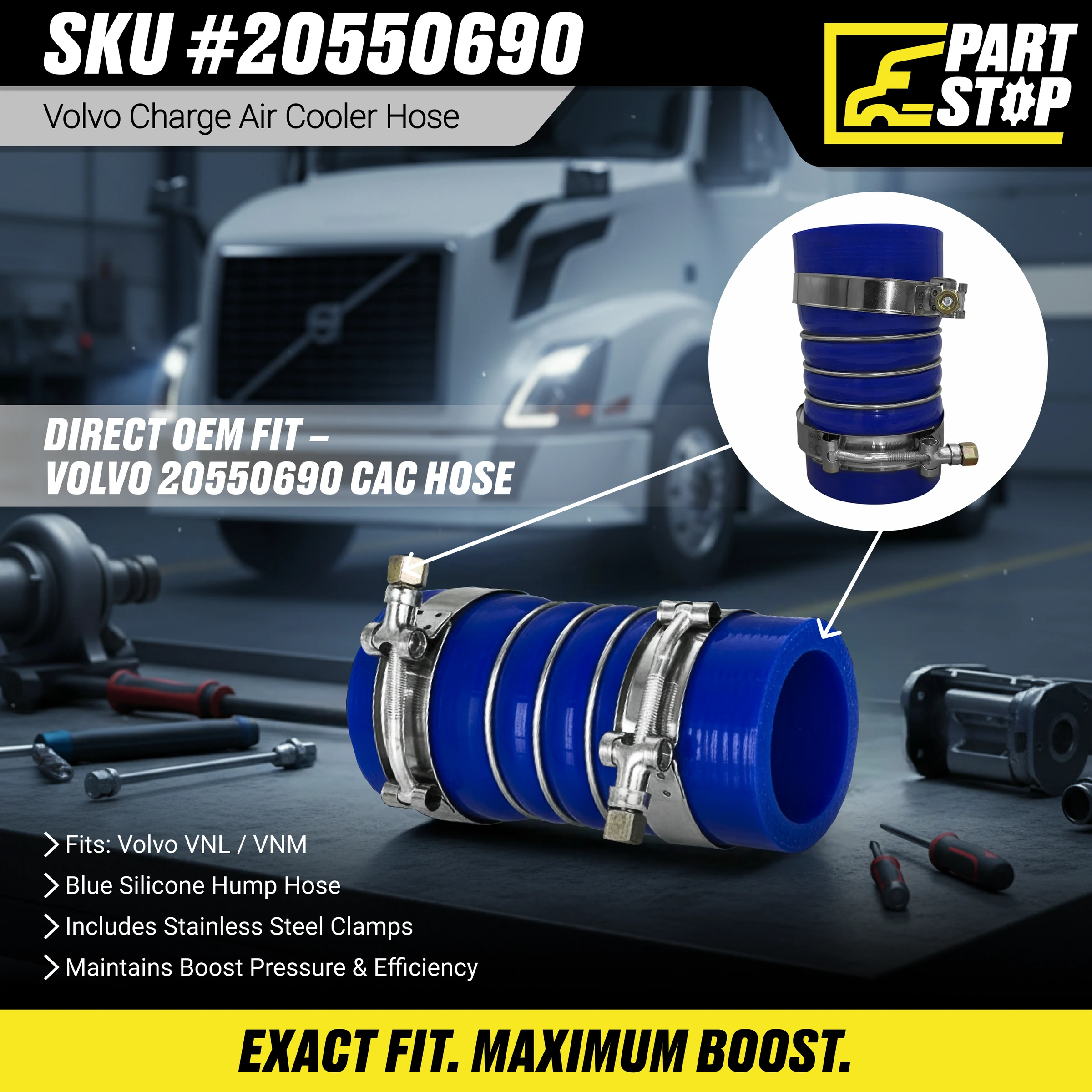 20550690  Air Cooler Hose with Brackets Kit Fits  D13 , BMPS22672 , 3095291 — infographic