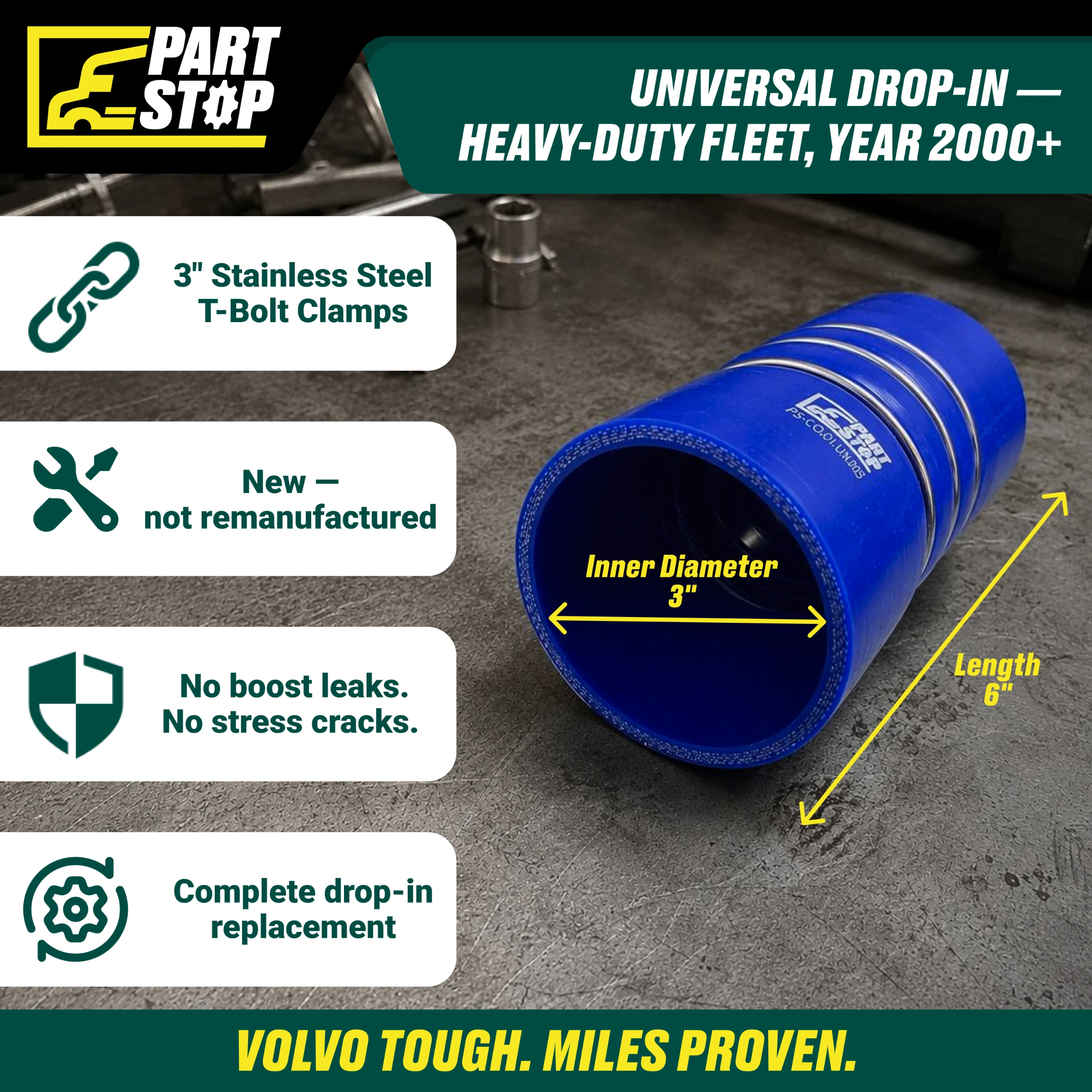 Silicone CAC Hump Hose - 3" ID x 6" Length with 3 Stainless Steel Rings - Fits Volvo Heavy-Duty Trucks F01615S352 — infographic 3