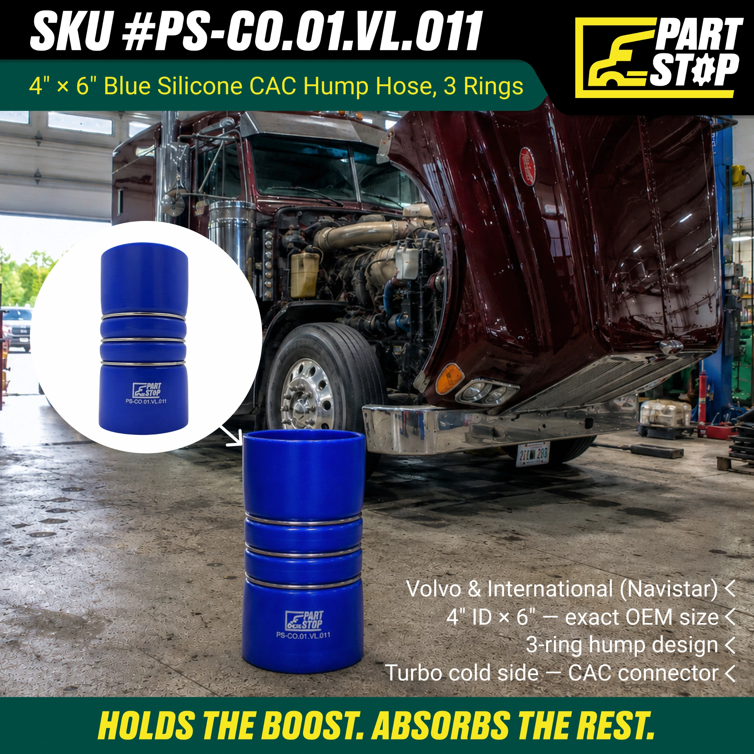 4" x 6" Silicone CAC Hump Hose with 3 Reinforcement Rings - Fits Volvo & International (Navistar) - Heavy Duty Turbo Cold Side — infographic
