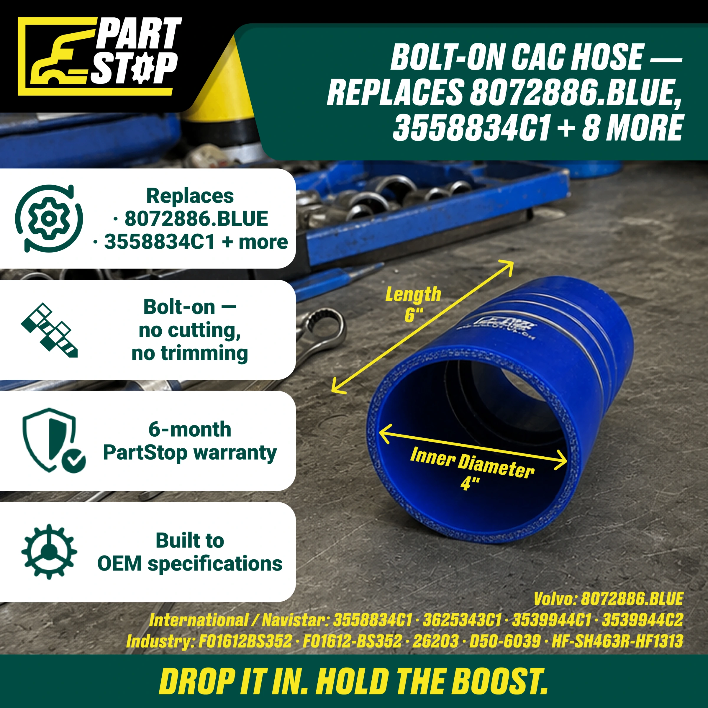 4" x 6" Silicone CAC Hump Hose with 3 Reinforcement Rings - Fits Volvo & International (Navistar) - Heavy Duty Turbo Cold Side — infographic