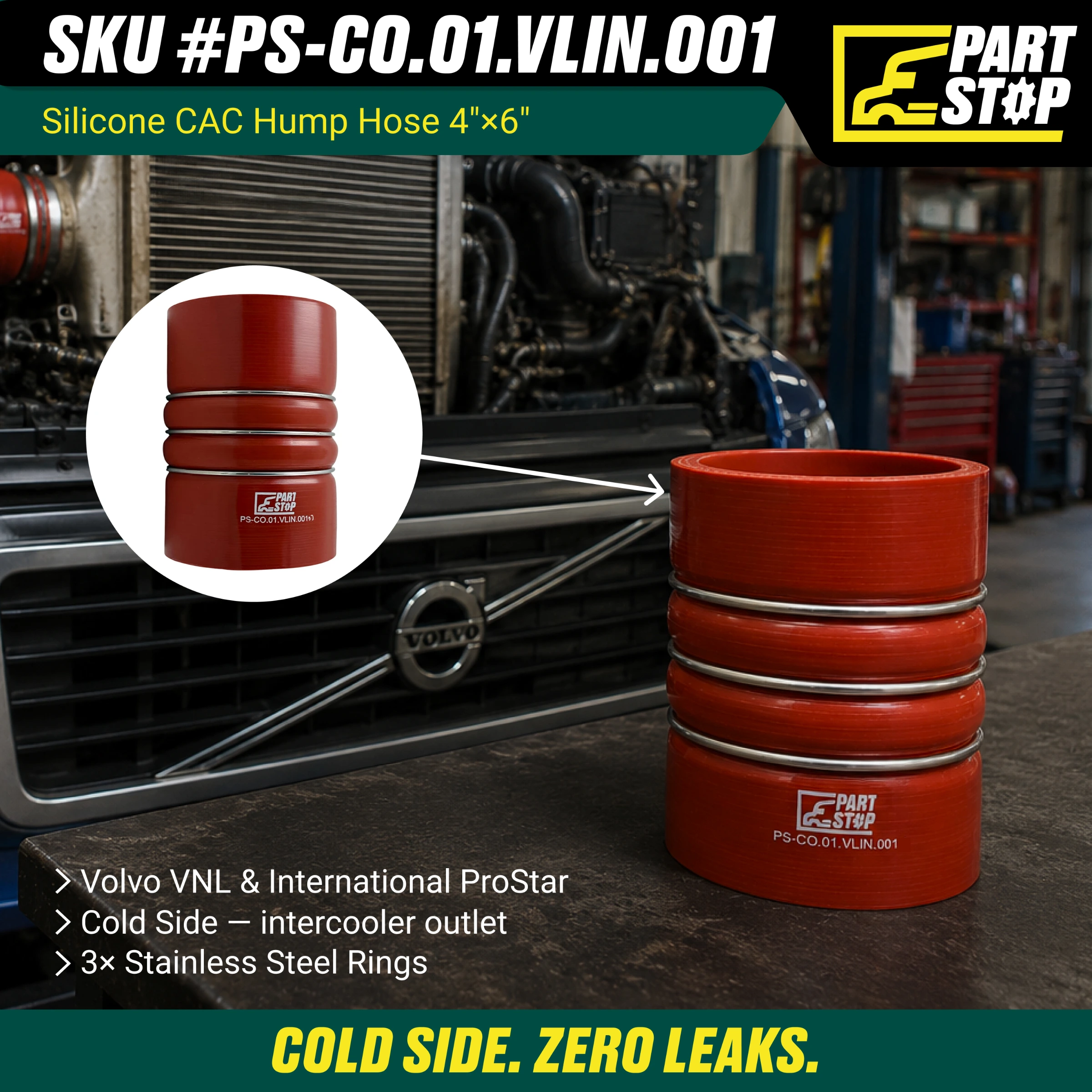 4" x 6" Silicone CAC Hump Hose with 3 Reinforcement Rings - Fits Volvo & International (Navistar) - Heavy Duty Turbo Cold Side — infographic