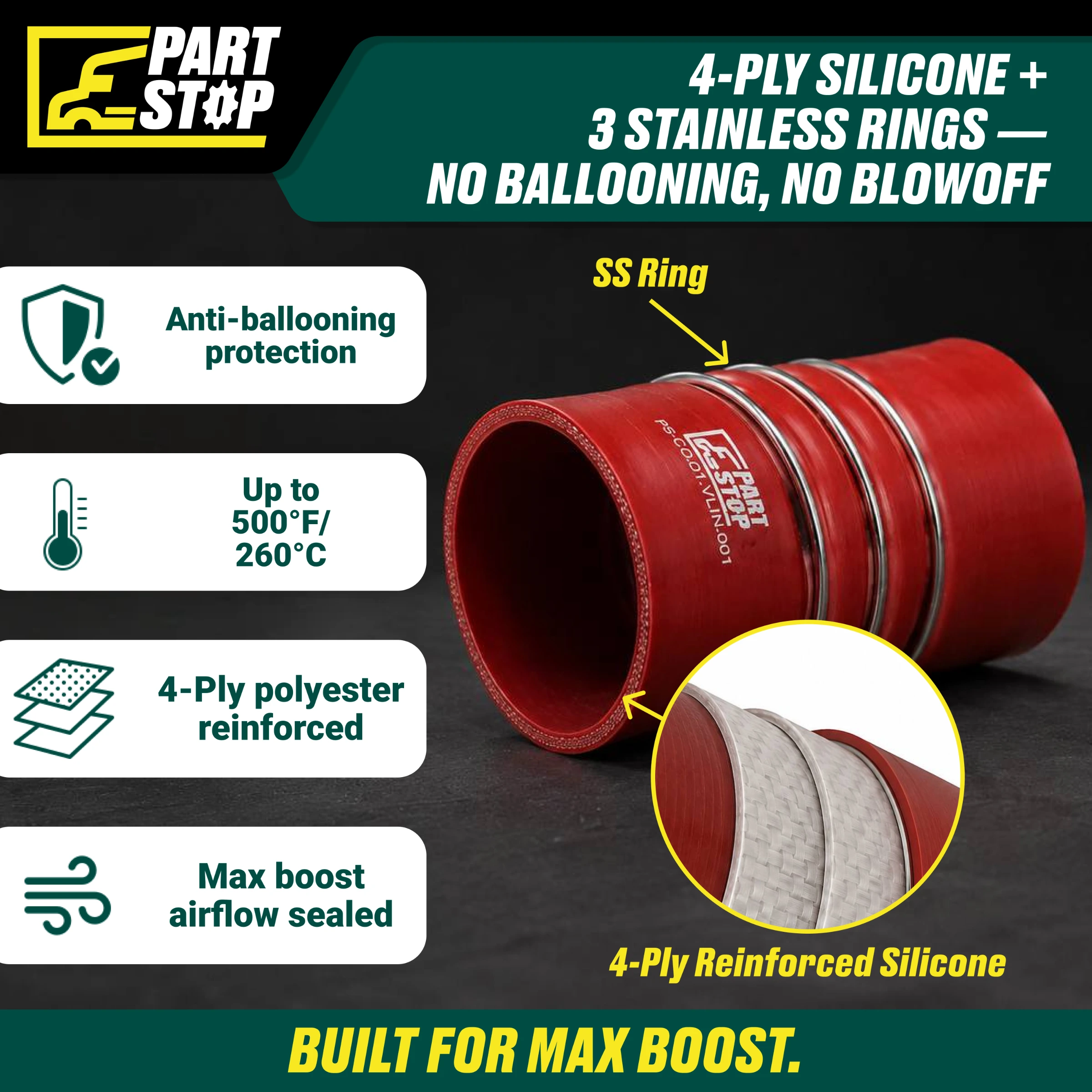 4" x 6" Silicone CAC Hump Hose with 3 Reinforcement Rings - Fits Volvo & International (Navistar) - Heavy Duty Turbo Cold Side — infographic