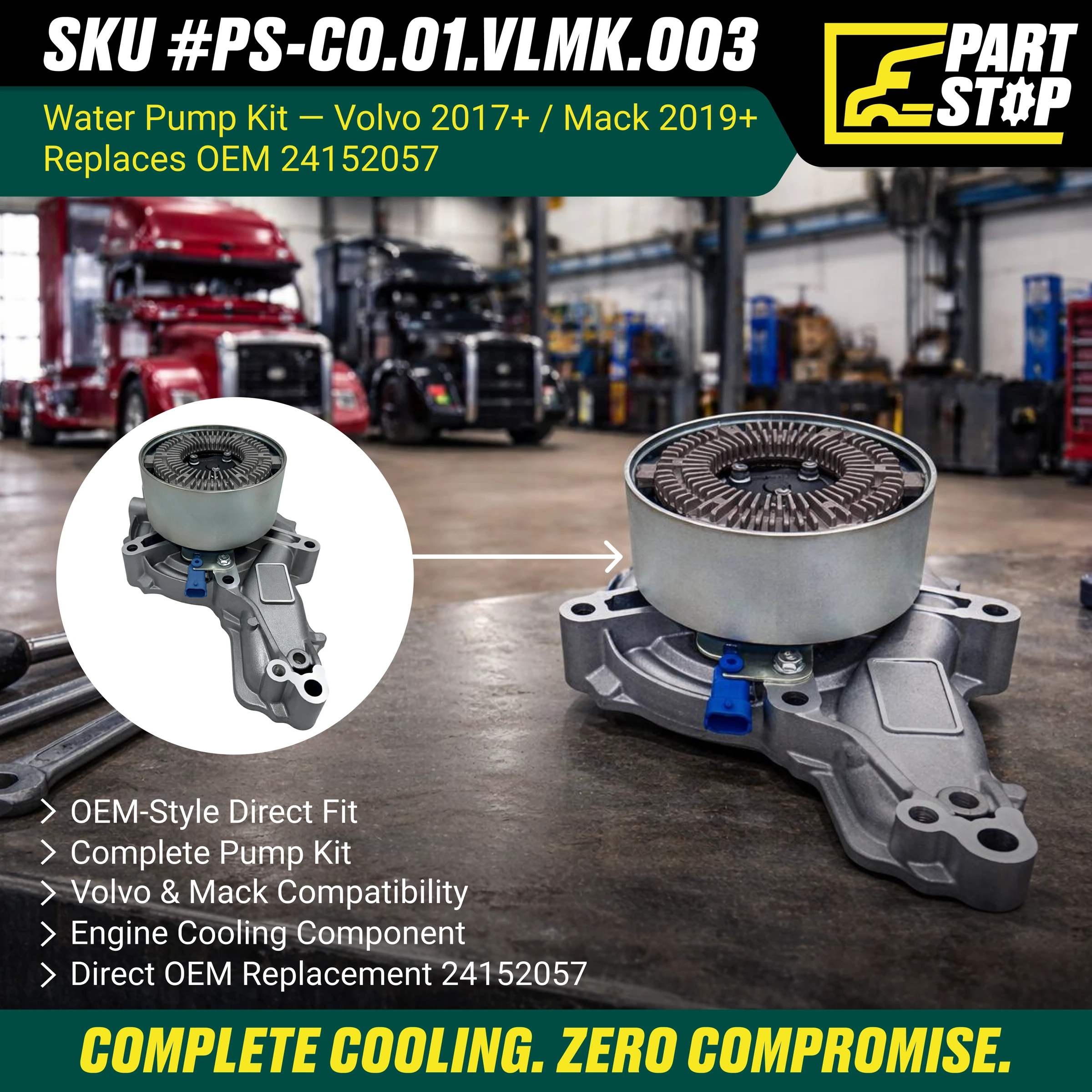 24152057 Variable Speed Water Pump fits Volvo D13 D11 Mack MP7 MP8 85151955 — infographic