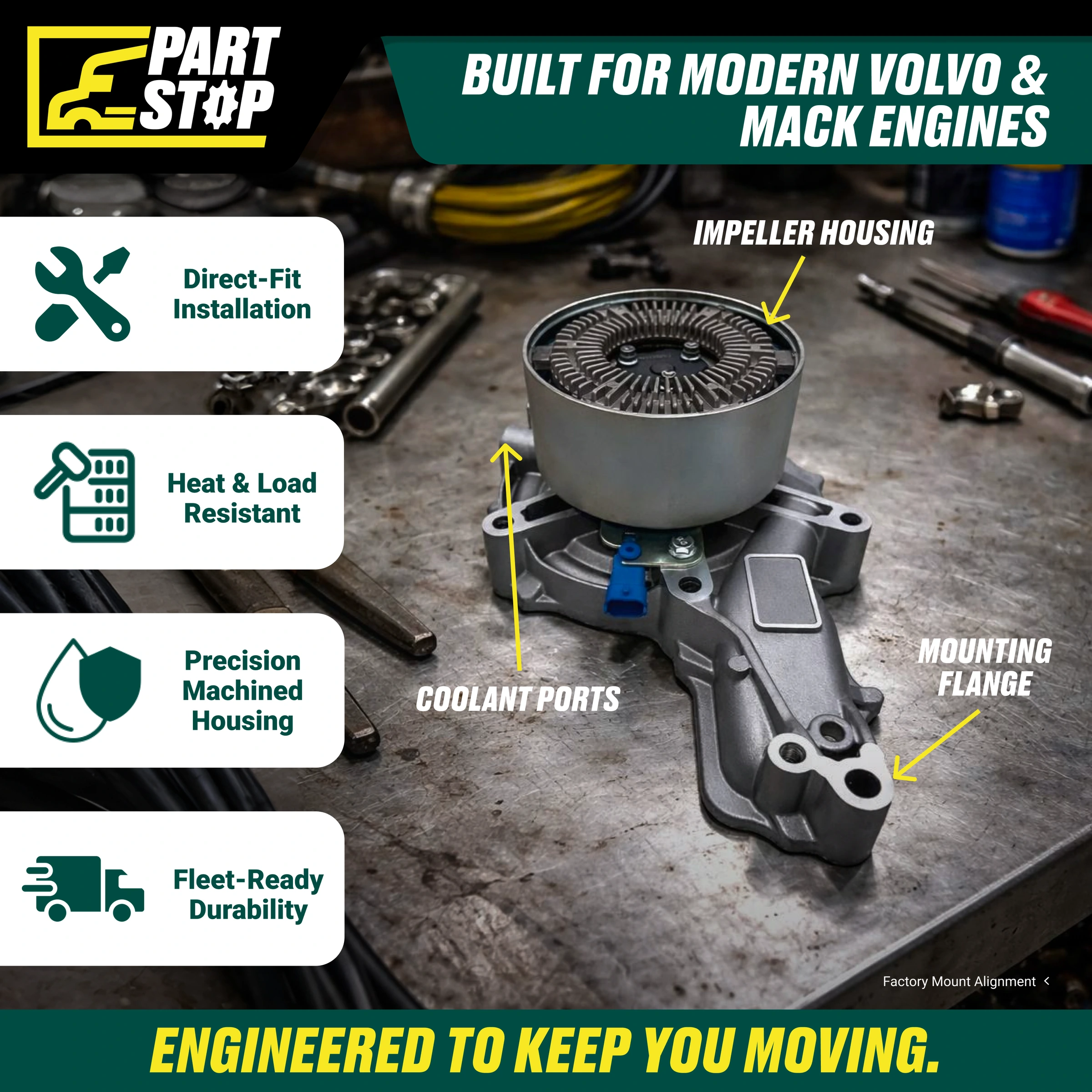 24152057 Variable Speed Water Pump fits Volvo D13 D11 Mack MP7 MP8 85151955 — infographic