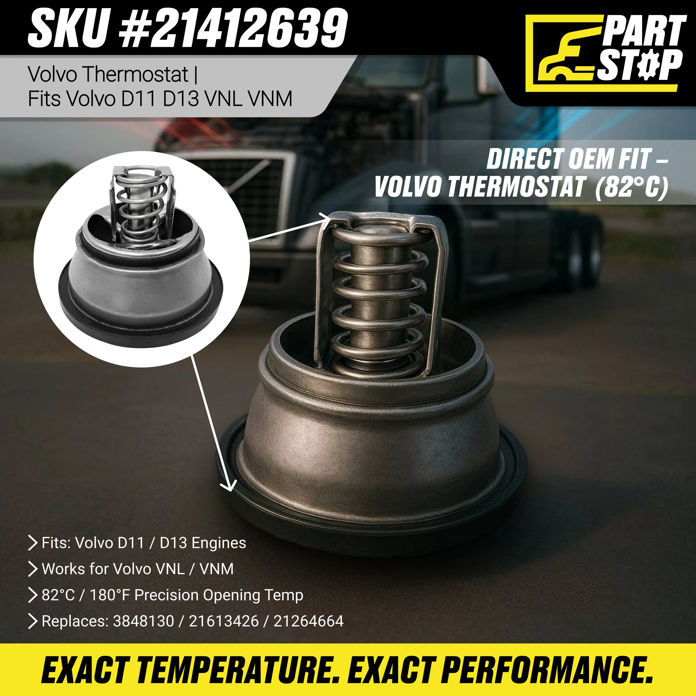 Engine Coolant Thermostat Fits Volvo/Mack Thermostat D13 21412639  21613426 — infographic