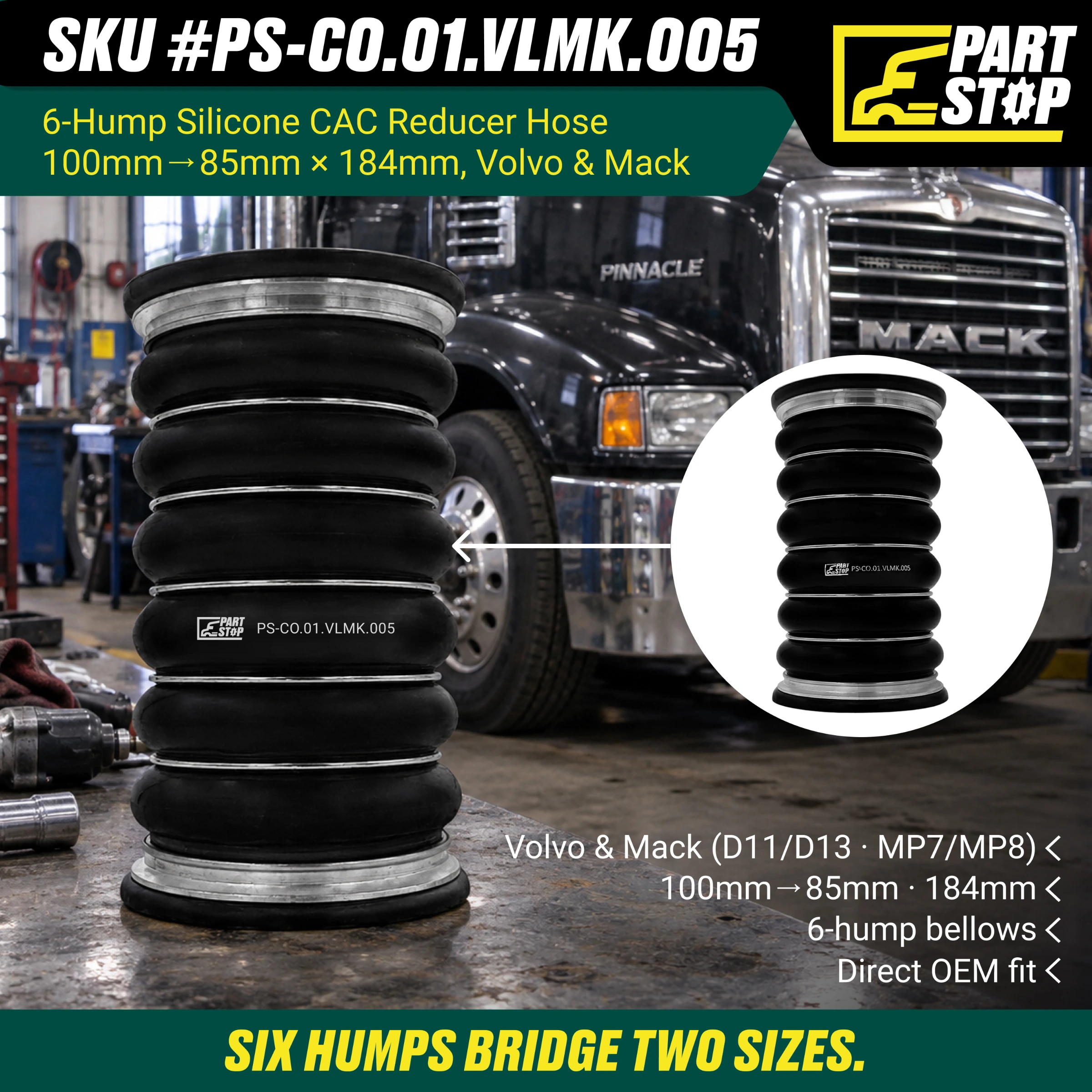 20760637 2-Pack Silicone CAC Reducer Hose for Volvo & Mack 1990-2026 — infographic 1