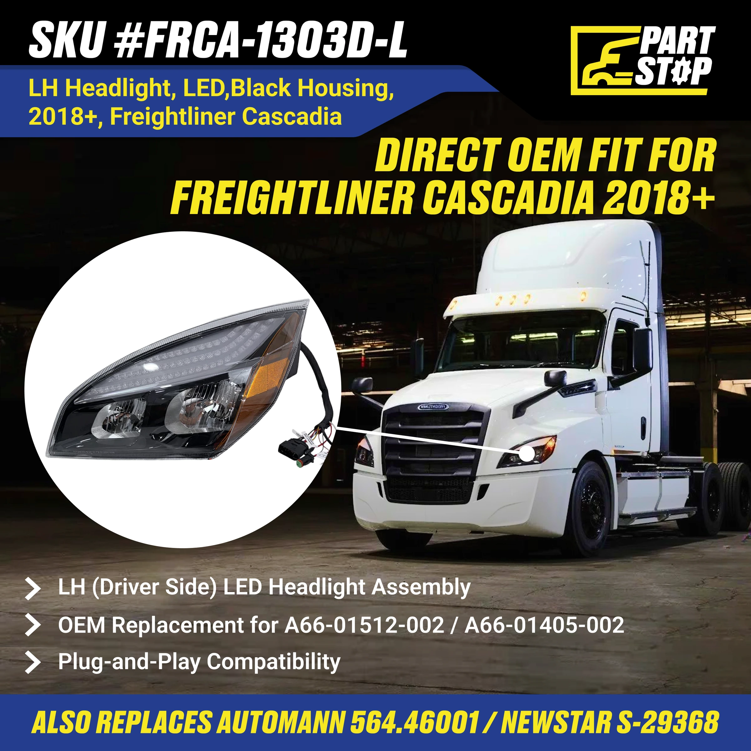 A6601512002 Driver Side Headlight Fits Freightliner Cascadia 2018-2024 — infographic