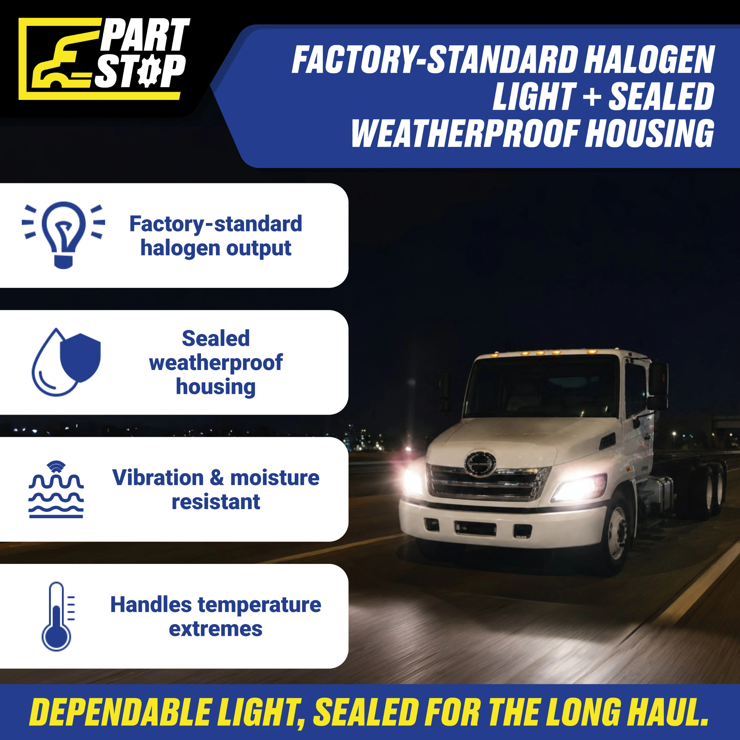 Left Driver Side Halogen Headlight Assembly for Hino 238 258 268 338 (2011–2020) - Direct OEM Replacement, (Left Only) A-293-L — infographic