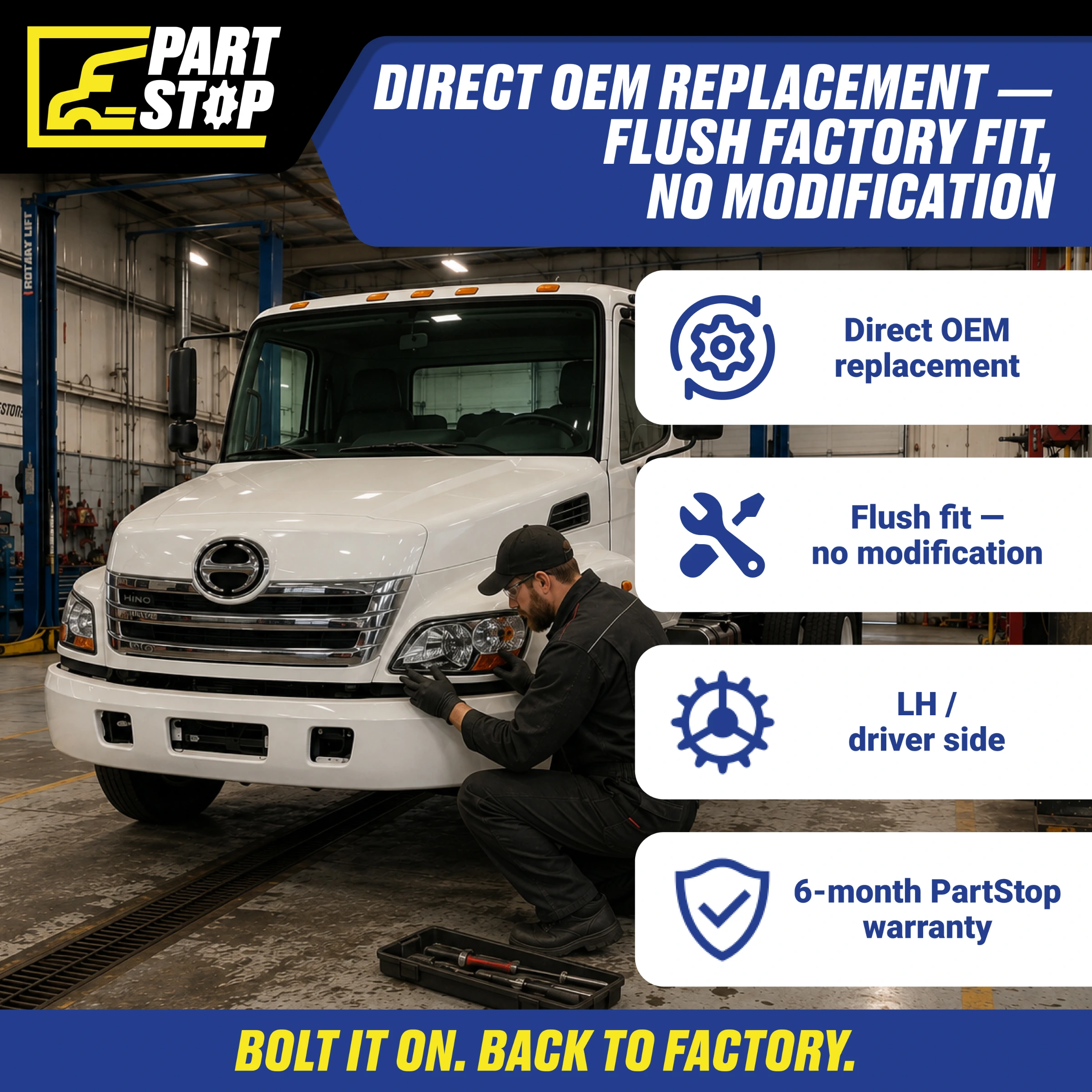 Left Driver Side Halogen Headlight Assembly for Hino 238 258 268 338 (2011–2020) - Direct OEM Replacement, (Left Only) A-293-L — infographic