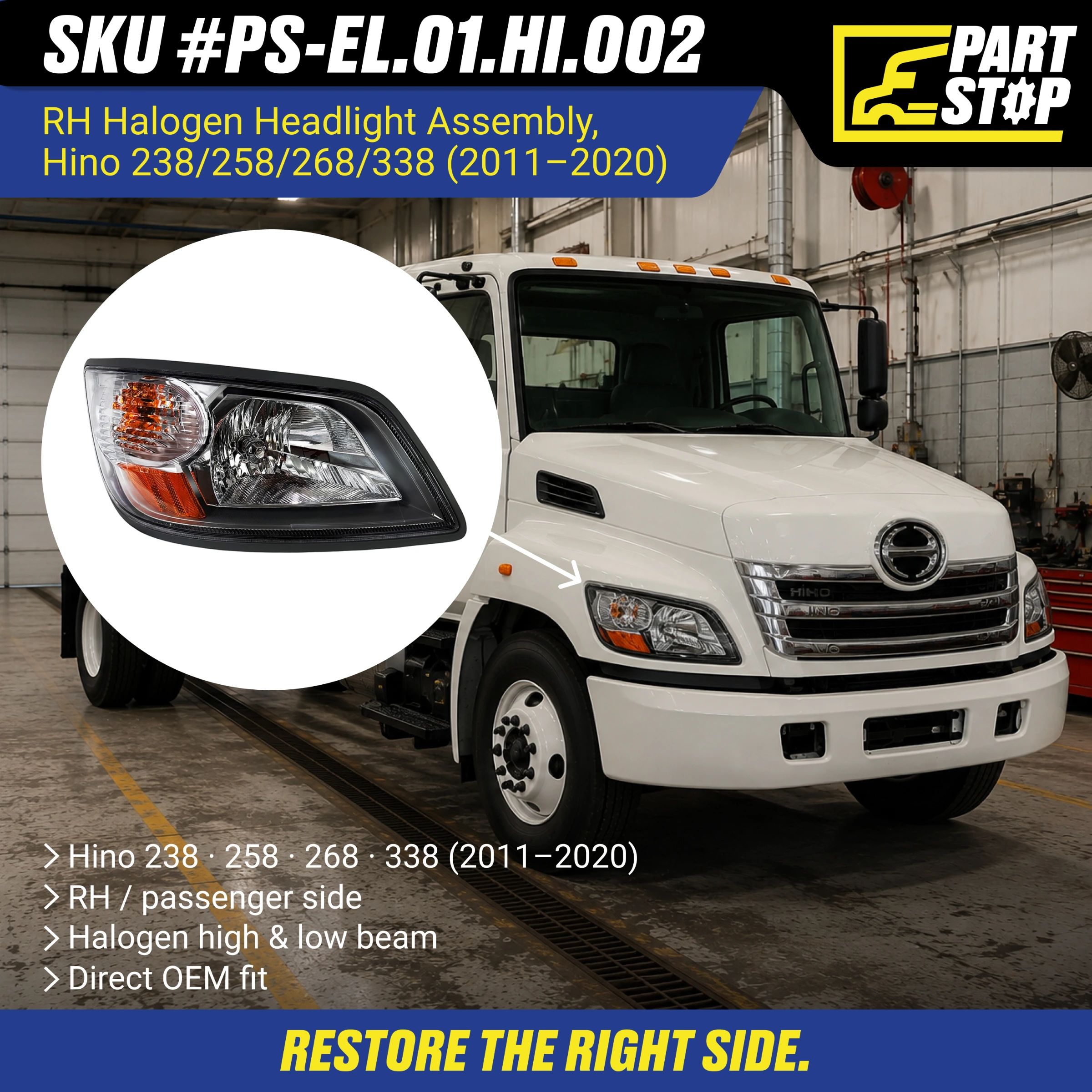Right Passenger Side Halogen Headlight Assembly for Hino 238 258 268 338 (2011–2020) - Direct OEM Replacement, (Right Only) A-293-R — infographic