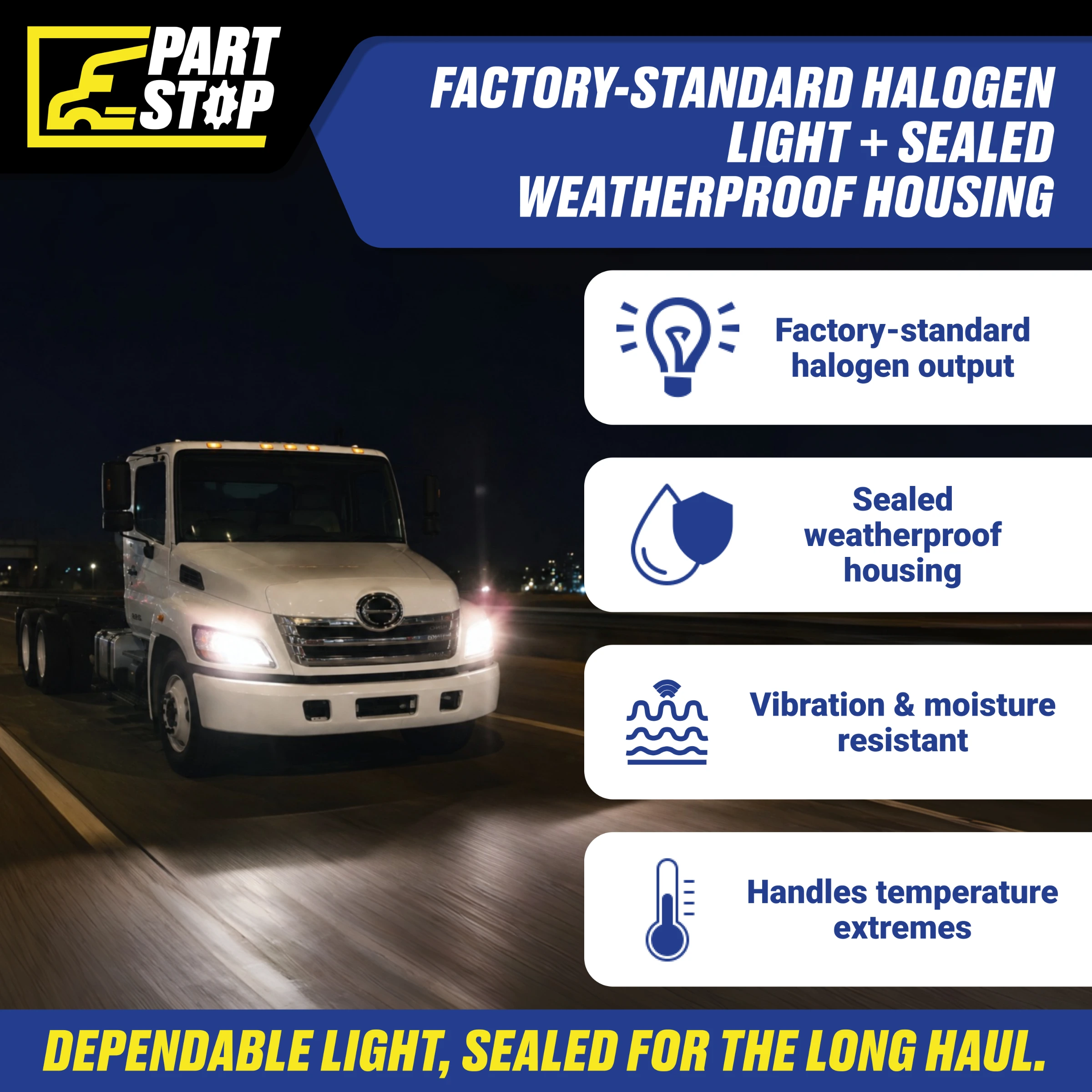 Right Passenger Side Halogen Headlight Assembly for Hino 238 258 268 338 (2011–2020) - Direct OEM Replacement, (Right Only) A-293-R — infographic