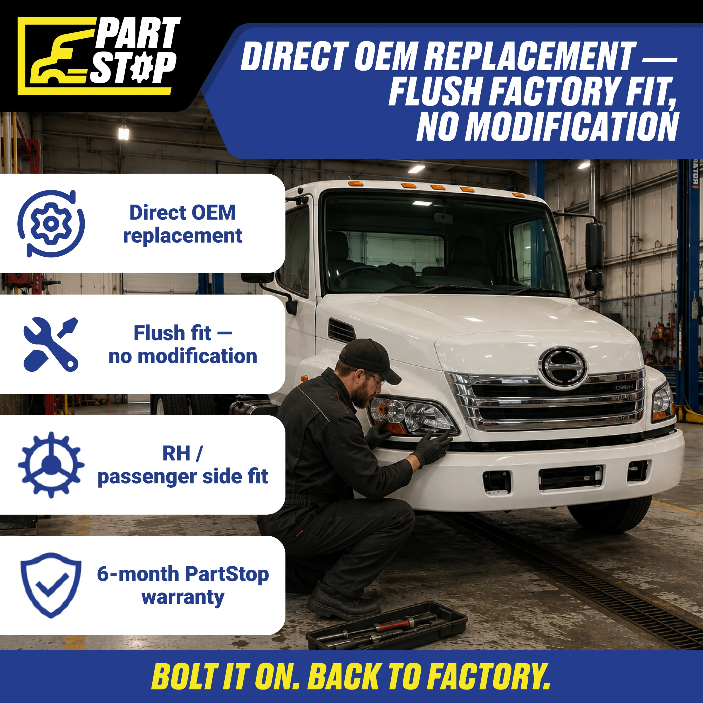 Right Passenger Side Halogen Headlight Assembly for Hino 238 258 268 338 (2011–2020) - Direct OEM Replacement, (Right Only) A-293-R — infographic