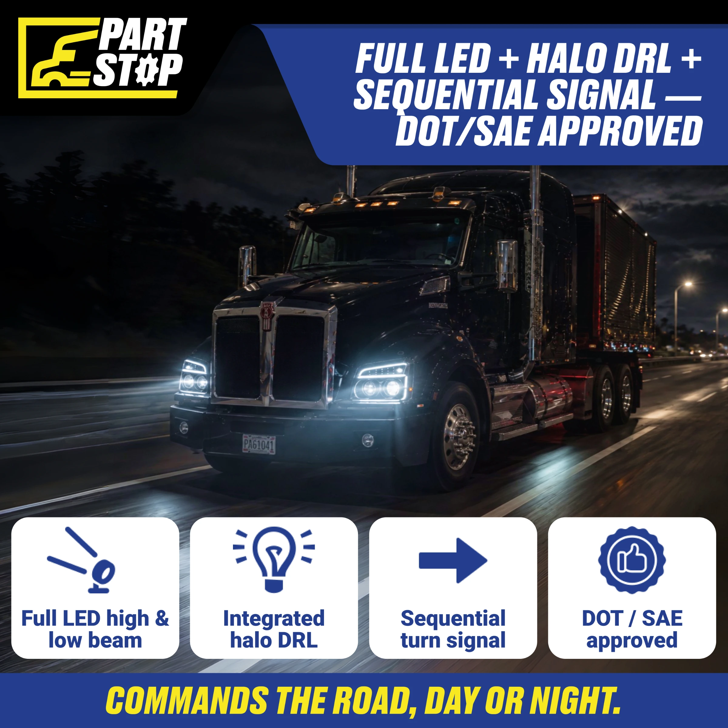 Left Driver Side Blackout Full LED Headlight for Kenworth T880 (2014–2024+) - Integrated Halo DRL, Sequential Turn Signal, High/Low Beam, DOT/SAE Approved — infographic