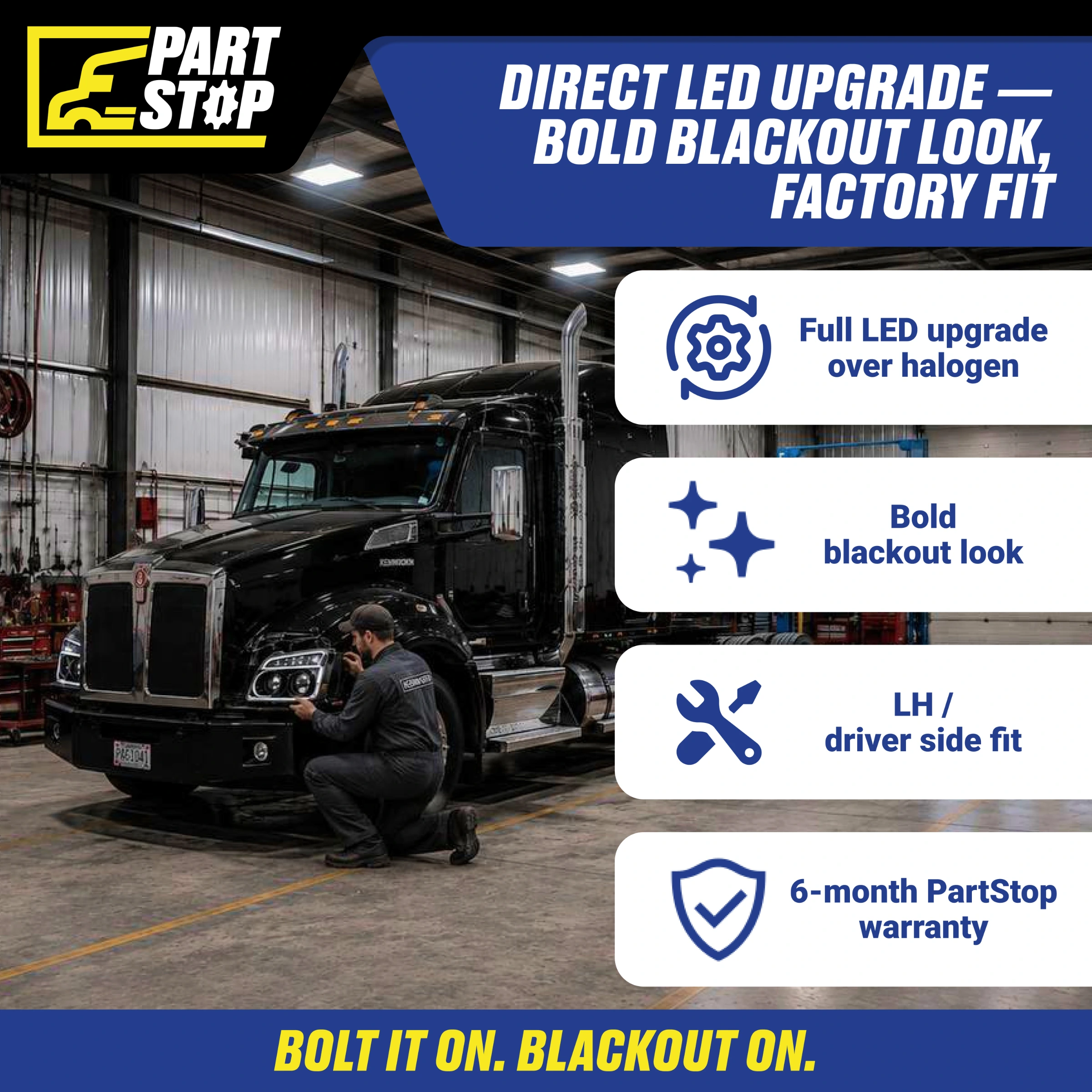 Left Driver Side Blackout Full LED Headlight for Kenworth T880 (2014–2024+) - Integrated Halo DRL, Sequential Turn Signal, High/Low Beam, DOT/SAE Approved — infographic