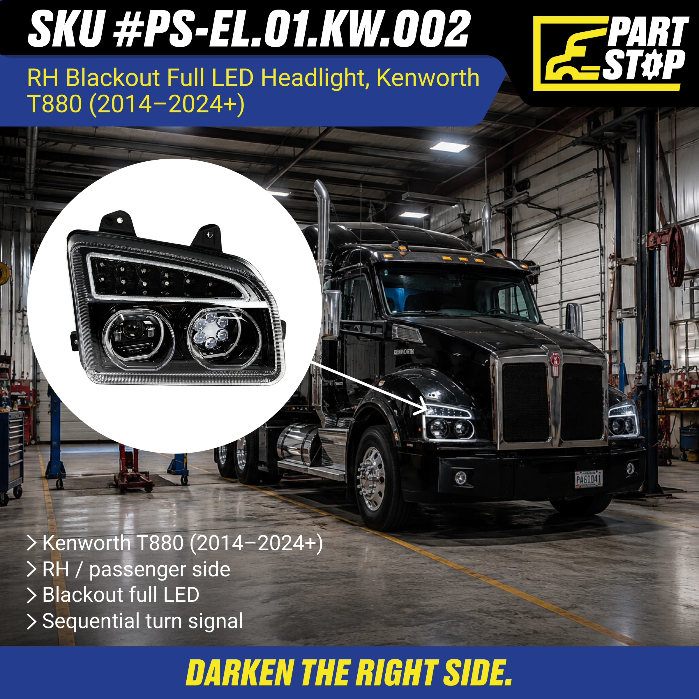 Passenger Side Blackout Full LED Headlight for Kenworth T880 (2014–2024+) - Integrated Halo DRL, Sequential Turn Signal, High/Low Beam P54-6165-100R — infographic