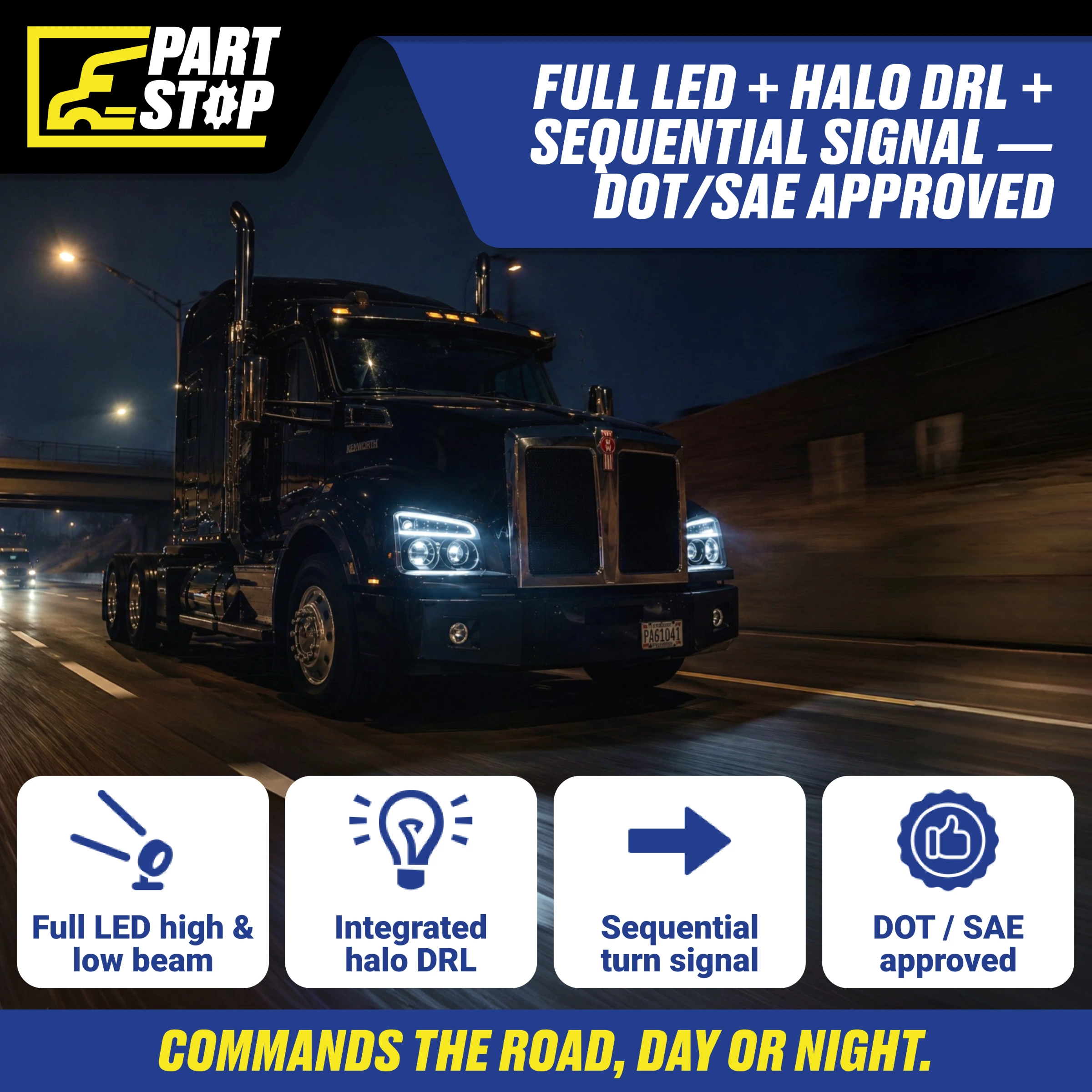 Passenger Side Blackout Full LED Headlight for Kenworth T880 (2014–2024+) - Integrated Halo DRL, Sequential Turn Signal, High/Low Beam P54-6165-100R — infographic