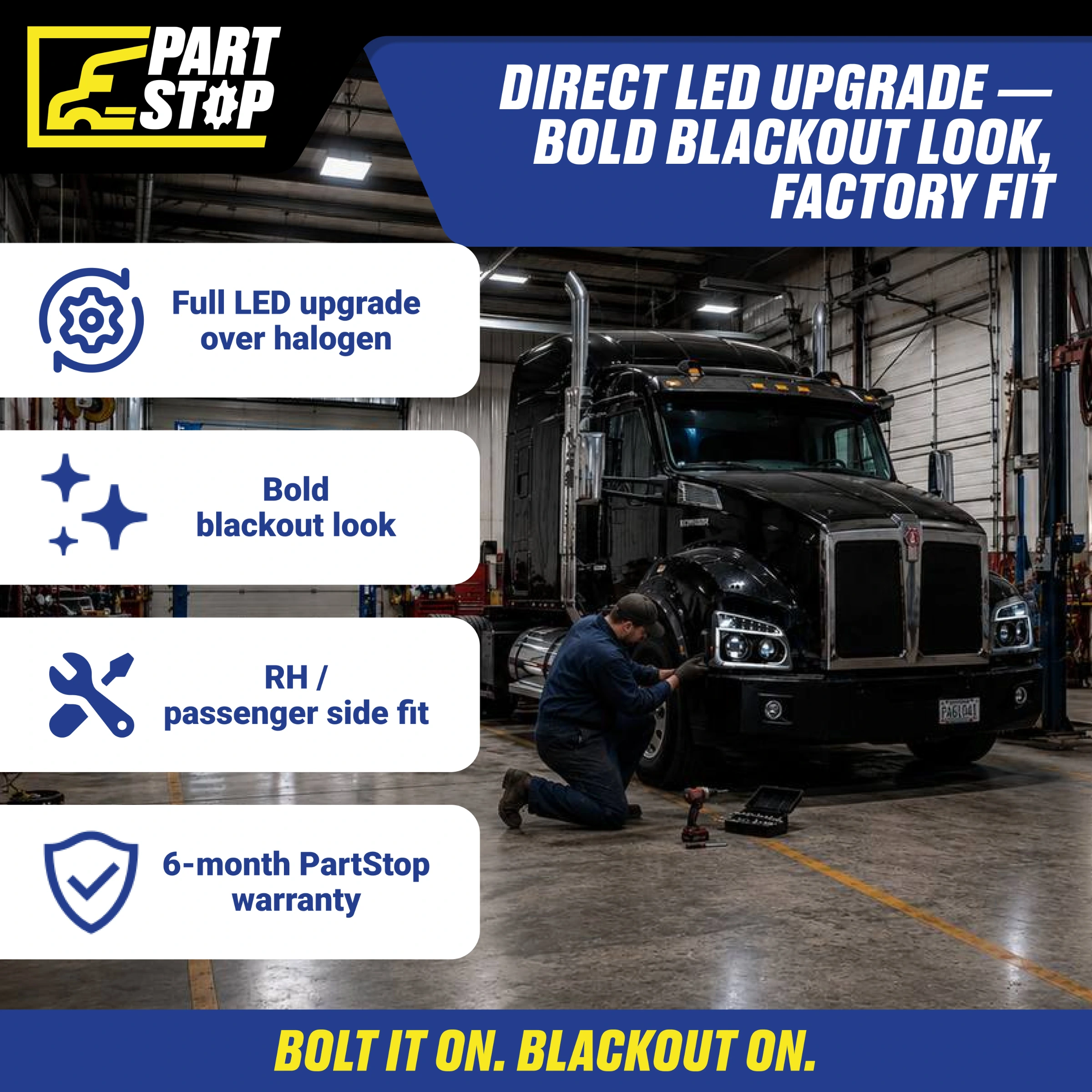 Passenger Side Blackout Full LED Headlight for Kenworth T880 (2014–2024+) - Integrated Halo DRL, Sequential Turn Signal, High/Low Beam P54-6165-100R — infographic