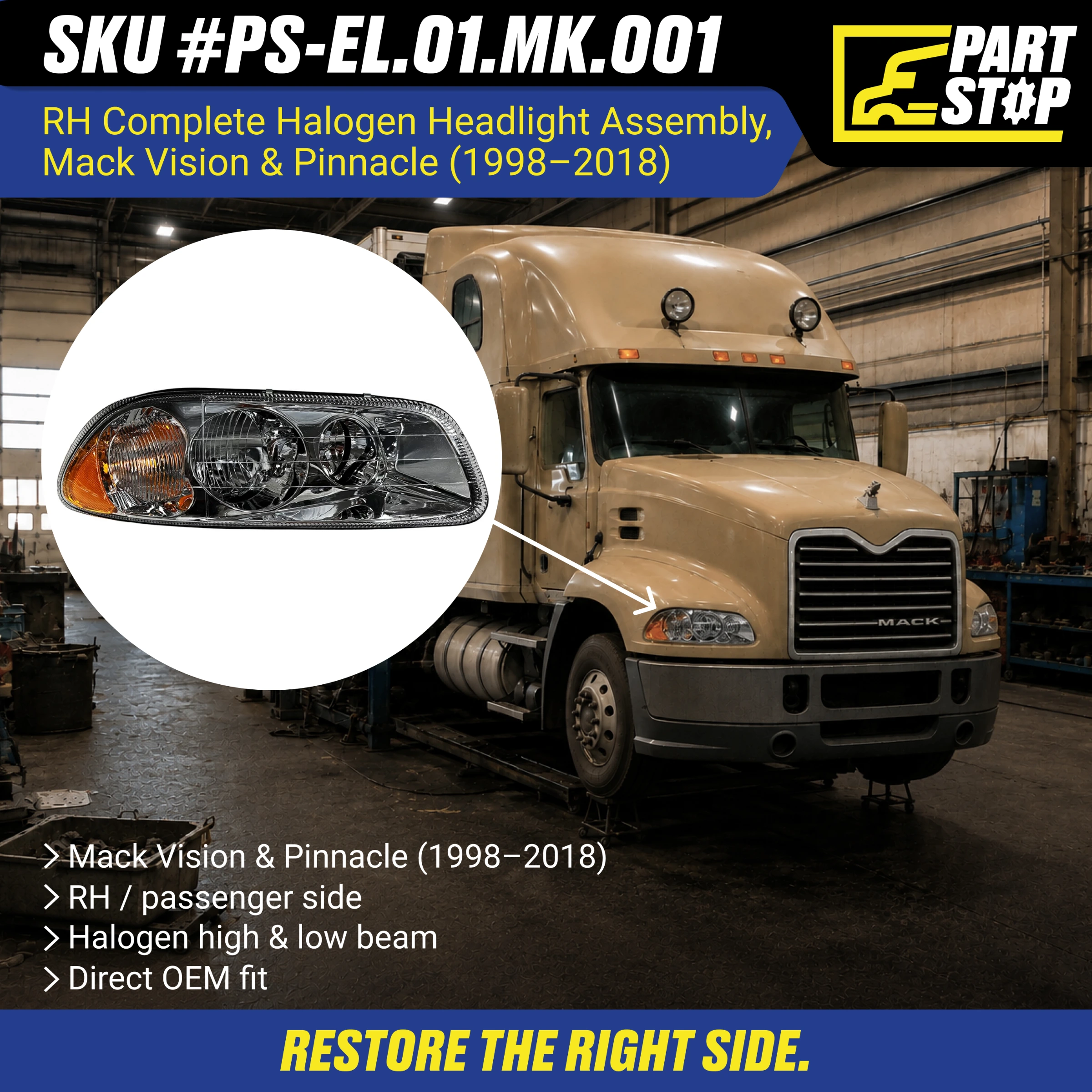 Right Passenger Side Complete Halogen Headlight Assembly for Mack Vision & Pinnacle (1998–2018) - (Right Only) MKN-401-R — infographic