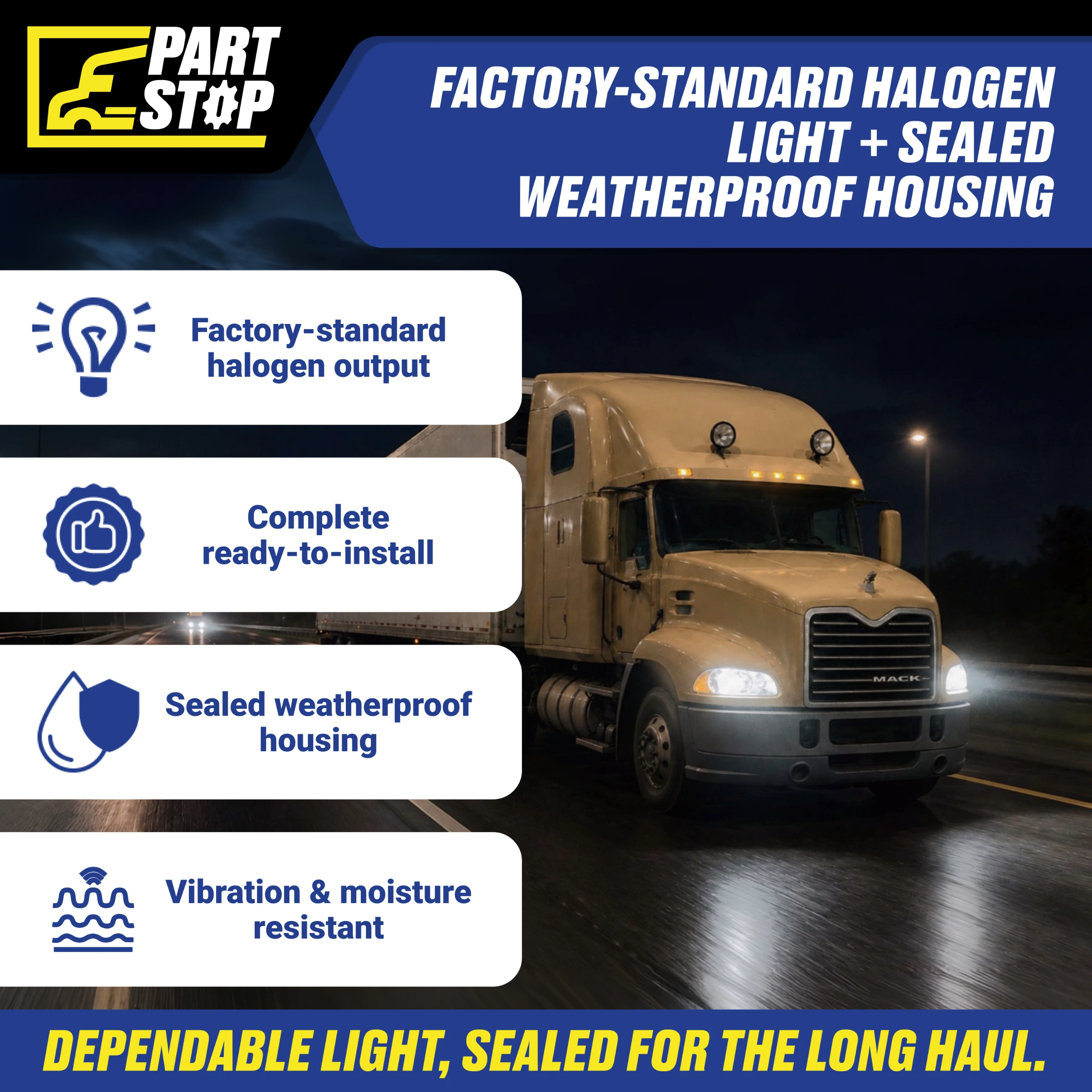 Right Passenger Side Complete Halogen Headlight Assembly for Mack Vision & Pinnacle (1998–2018) - (Right Only) MKN-401-R — infographic
