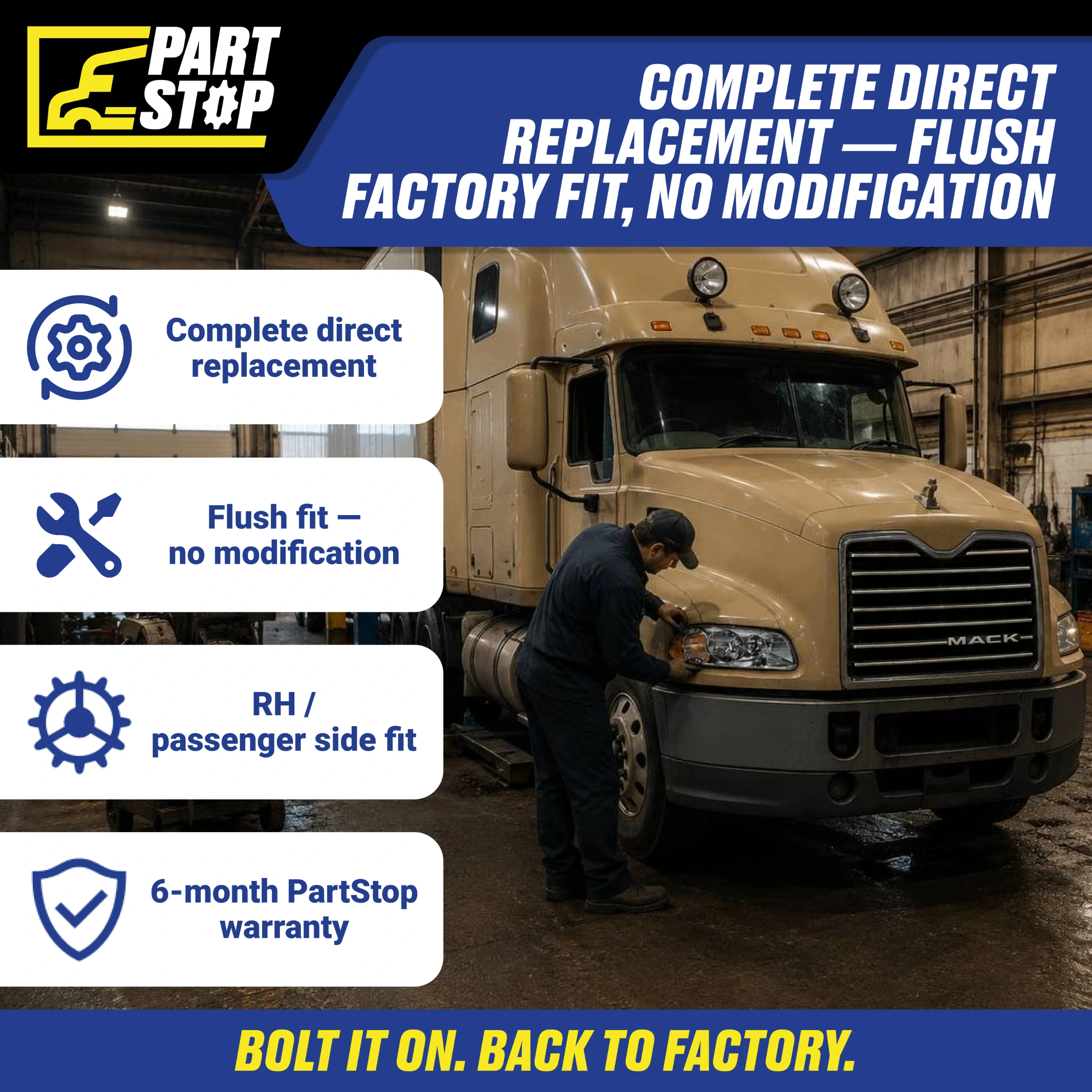Right Passenger Side Complete Halogen Headlight Assembly for Mack Vision & Pinnacle (1998–2018) - (Right Only) MKN-401-R — infographic