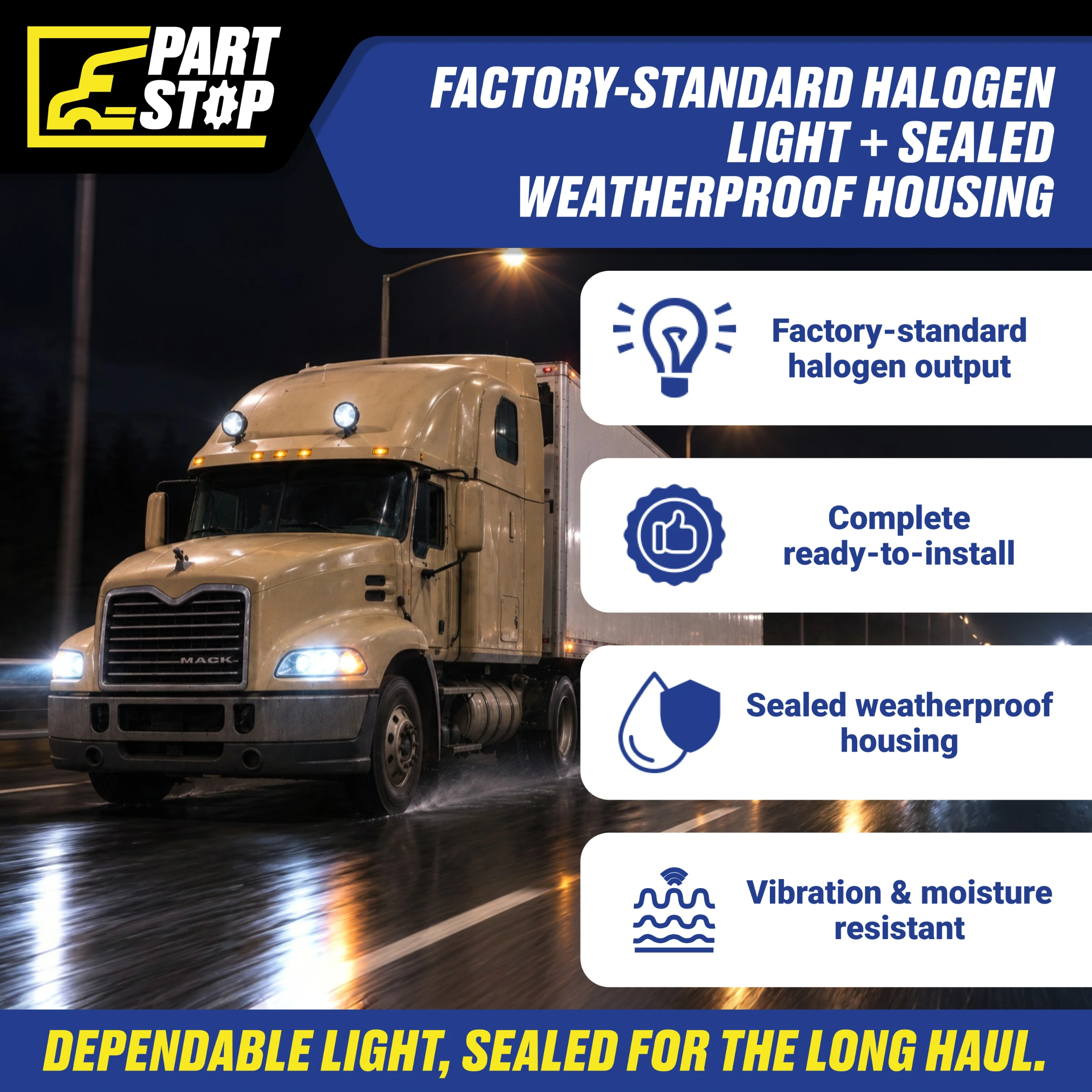 Left Driver Side Complete Halogen Headlight Assembly for Mack Vision & Pinnacle (1998–2018) - Includes All Bulbs, Chrome Housing, (Left Only) MKN-401-L — infographic