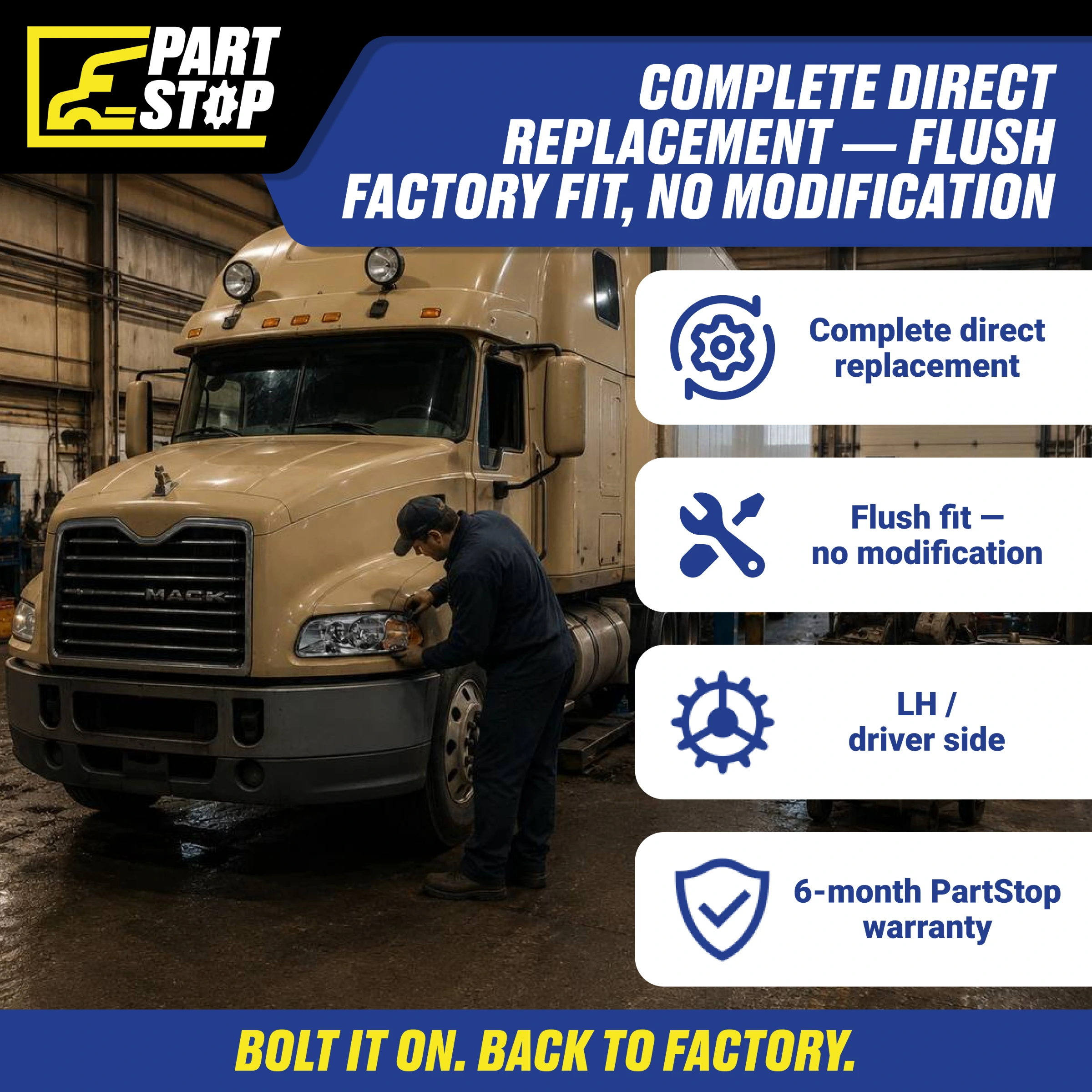 Left Driver Side Complete Halogen Headlight Assembly for Mack Vision & Pinnacle (1998–2018) - Includes All Bulbs, Chrome Housing, (Left Only) MKN-401-L — infographic