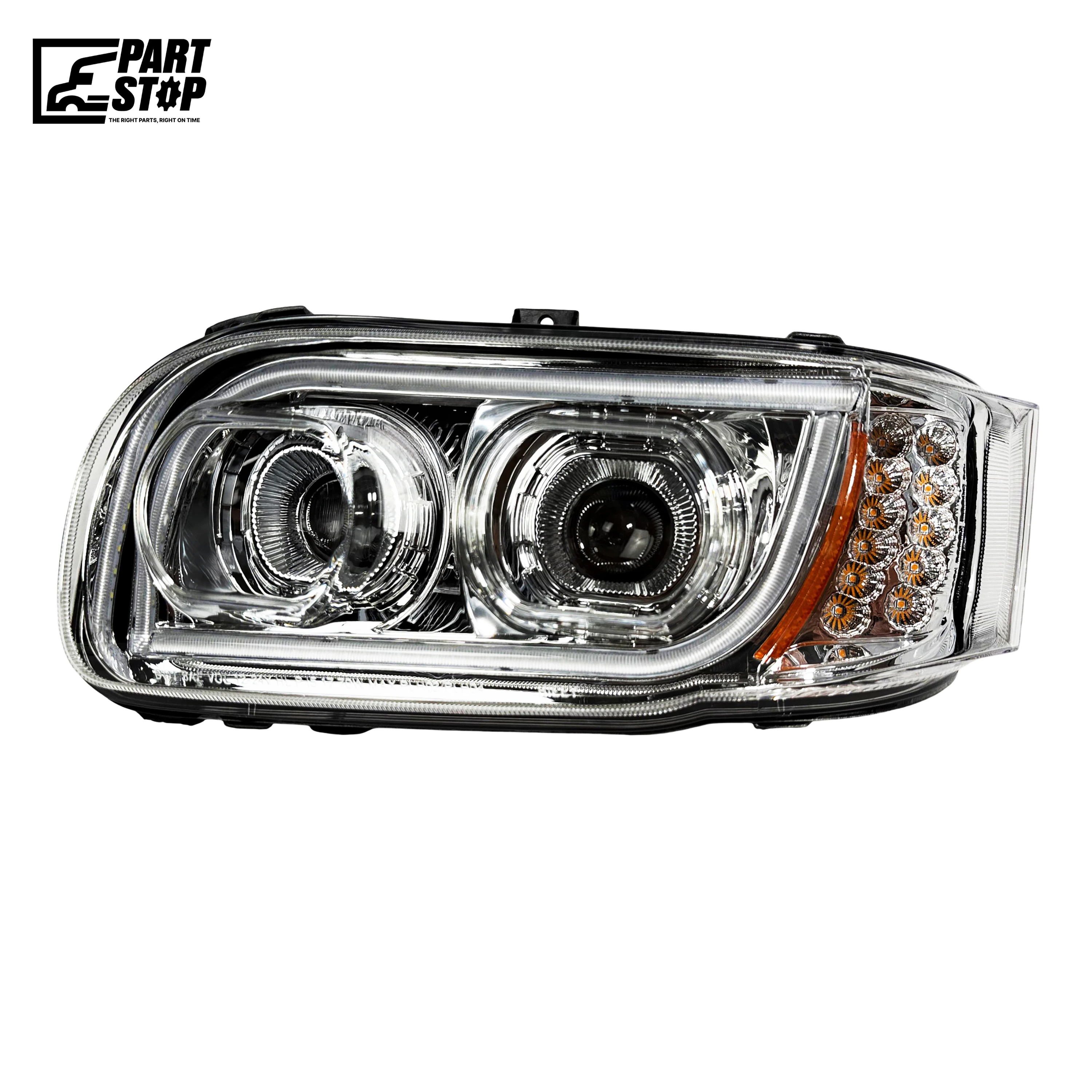 LH LED Projector Headlight Assembly for Peterbilt 388 389 367 567 - Dual White Halo DRL, High/Low Beam, Chrome Interior, DOT/SAE Approved (Left Side)
