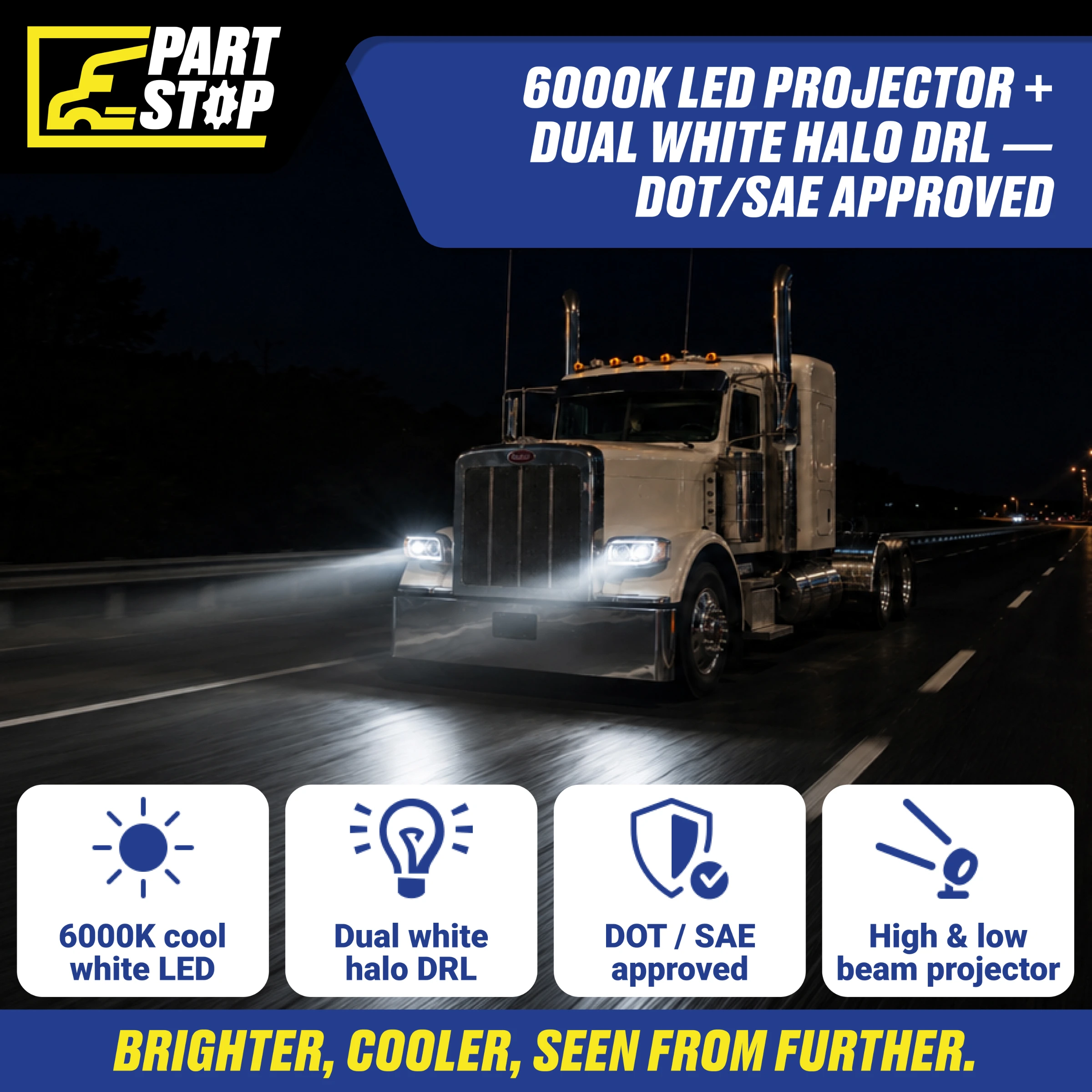 LED Projector Headlight Assembly LH Driver Side with Halo for Peterbilt 388 389 | Replaces P54-6087-L — infographic