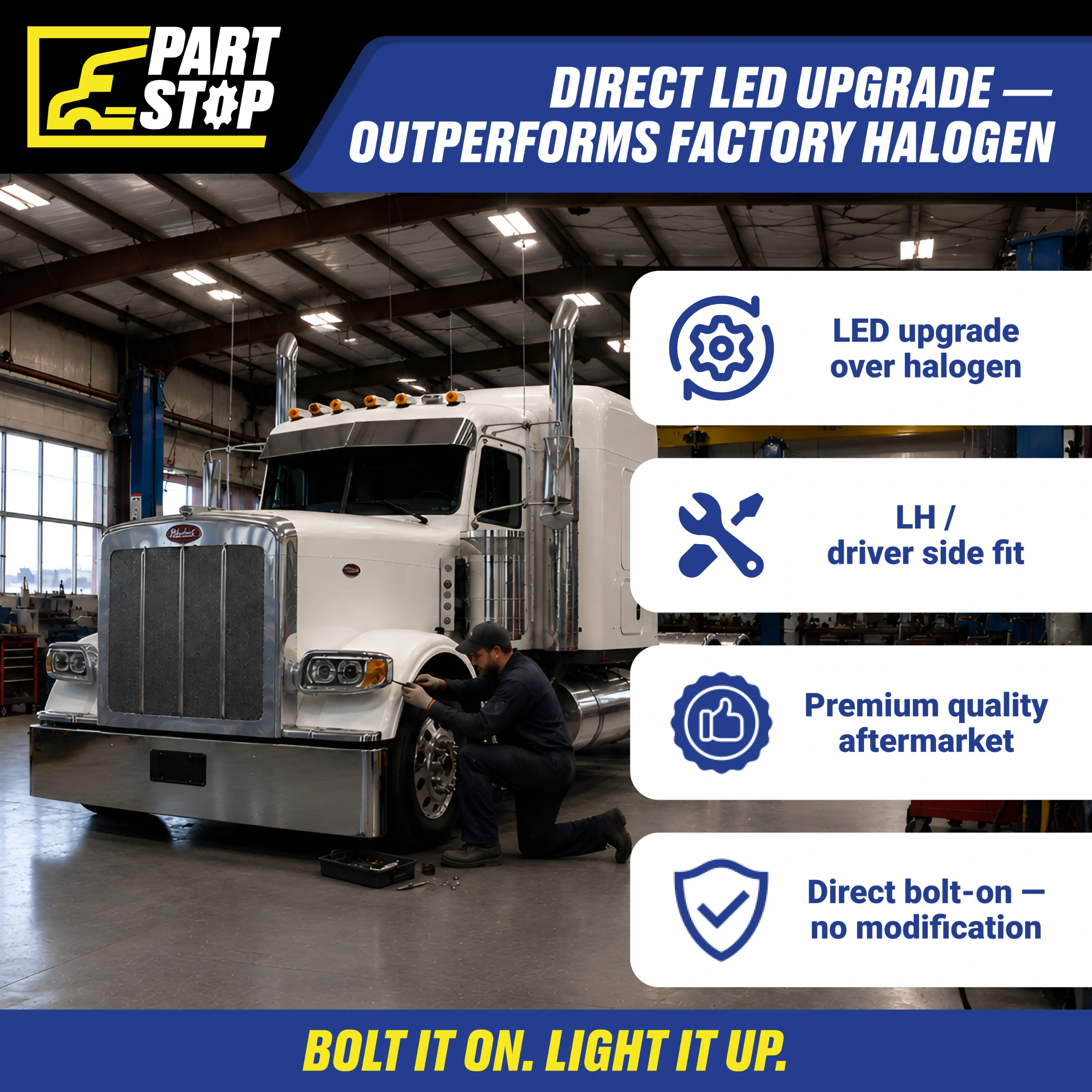 LED Projector Headlight Assembly LH Driver Side with Halo for Peterbilt 388 389 | Replaces P54-6087-L — infographic