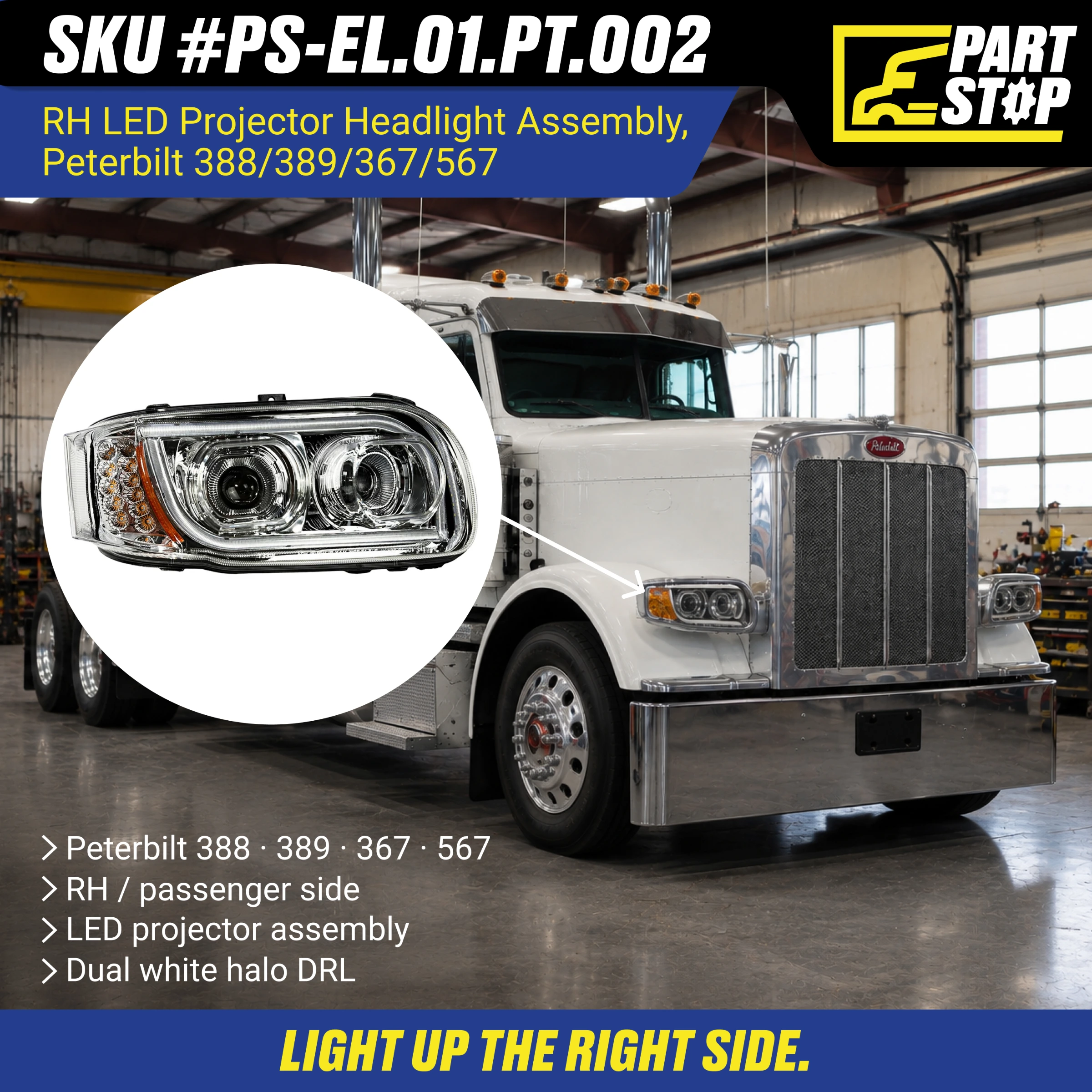 LED Projector Headlight Assembly RH Passenger Side with Halo for Peterbilt 388 389 | Replaces P54-6087R — infographic