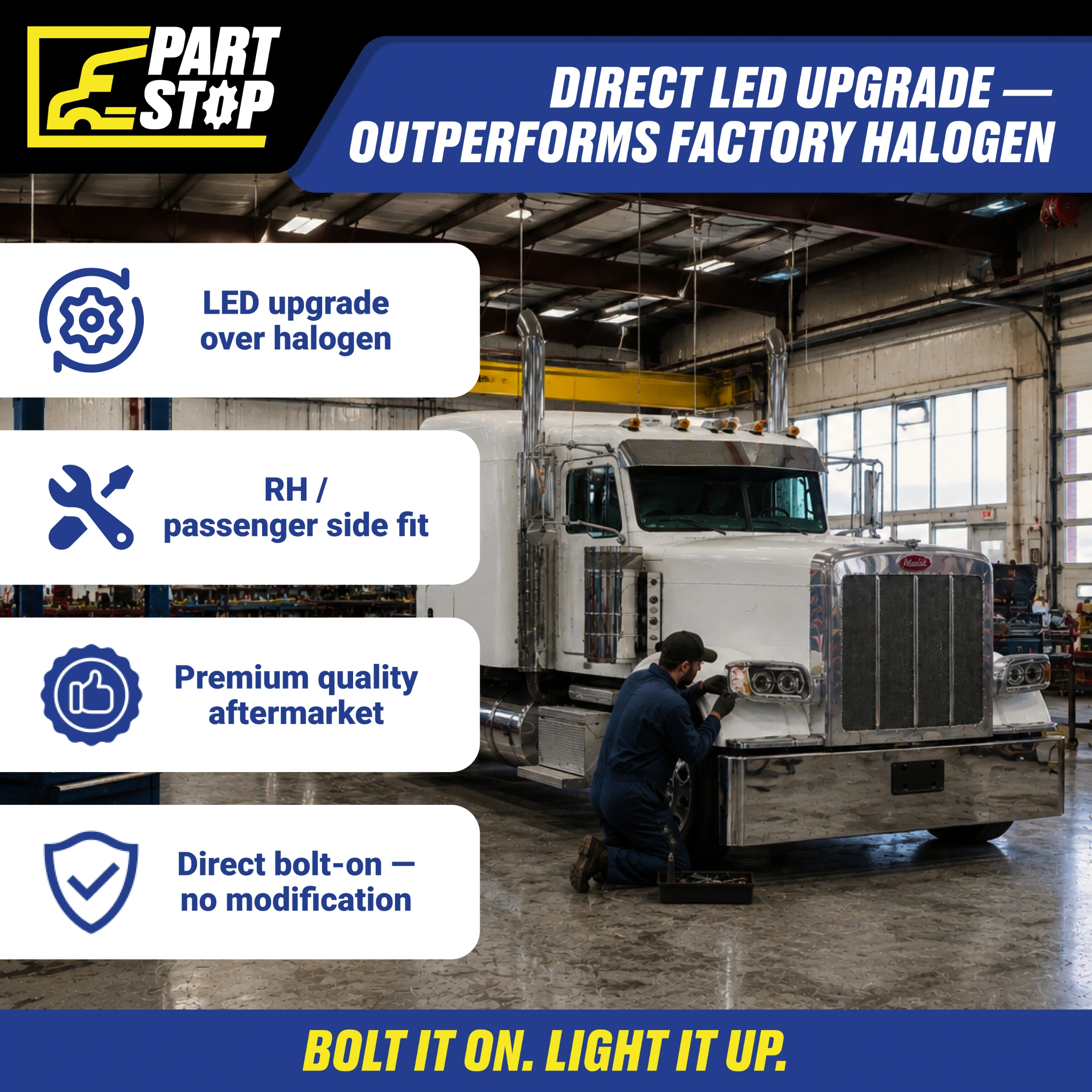 LED Projector Headlight Assembly RH Passenger Side with Halo for Peterbilt 388 389 | Replaces P54-6087R — infographic