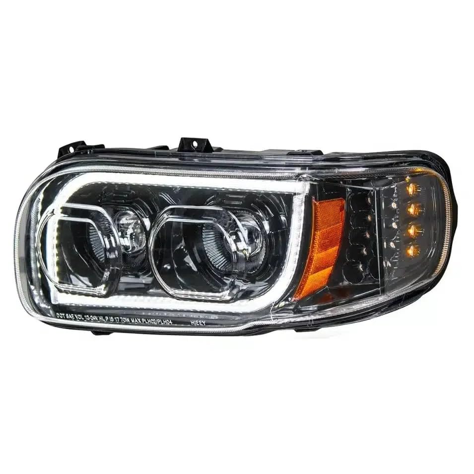 Driver Side LED Projector Headlight for Peterbilt 388 389 367 567 - White Halo DRL, 6000K Cool White, DOT/SAE Approved