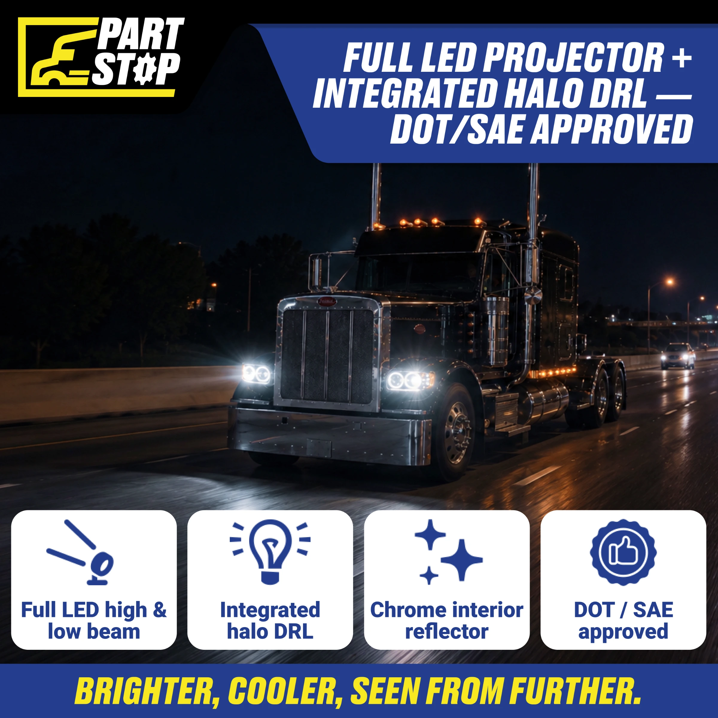 LED Headlight Assembly LH Driver Side Chrome Housing for Peterbilt 388 389 367 567 | Headlamp with Halo Rings | Replaces  P54-6112-110 — infographic