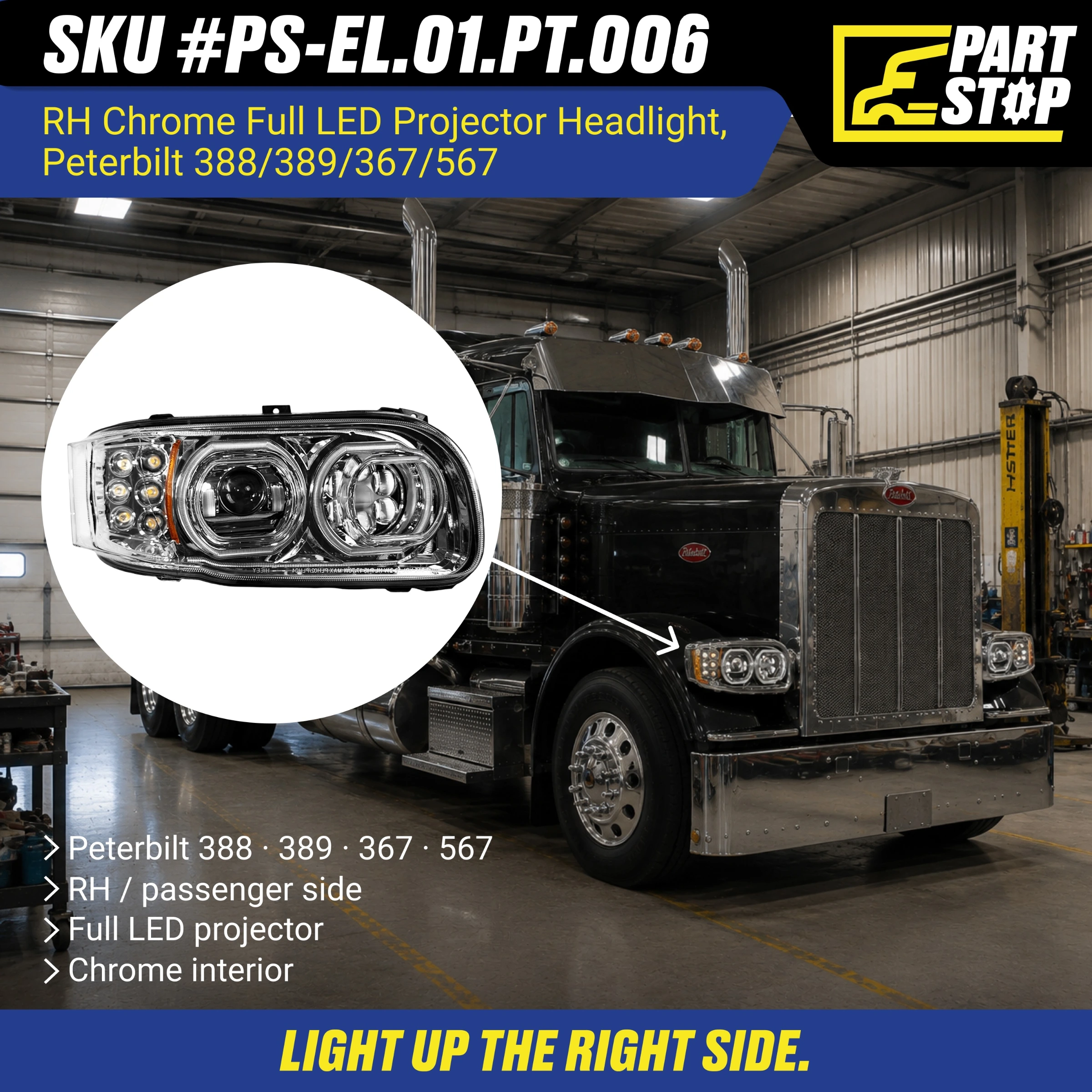 LED Headlight Assembly RH Passenger Side Chrome Housing for Peterbilt 388 389 367 567 | Headlamp with Halo Rings | Replaces P54-6112-110R — infographic