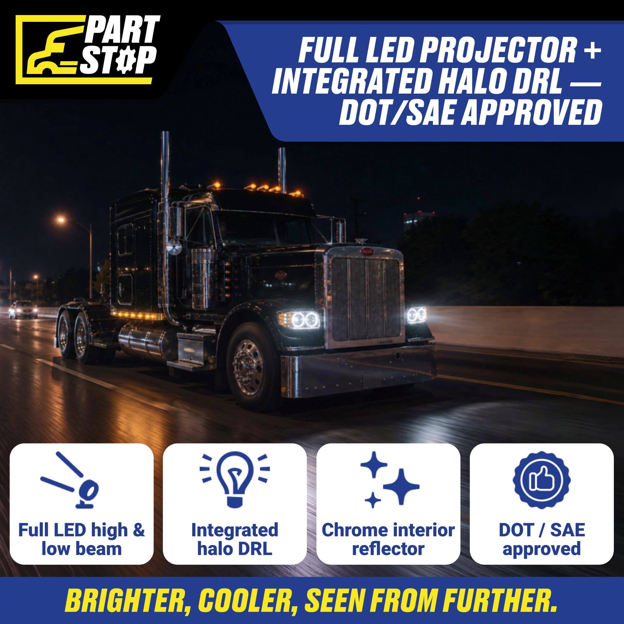 LED Headlight Assembly RH Passenger Side Chrome Housing for Peterbilt 388 389 367 567 | Headlamp with Halo Rings | Replaces P54-6112-110R — infographic
