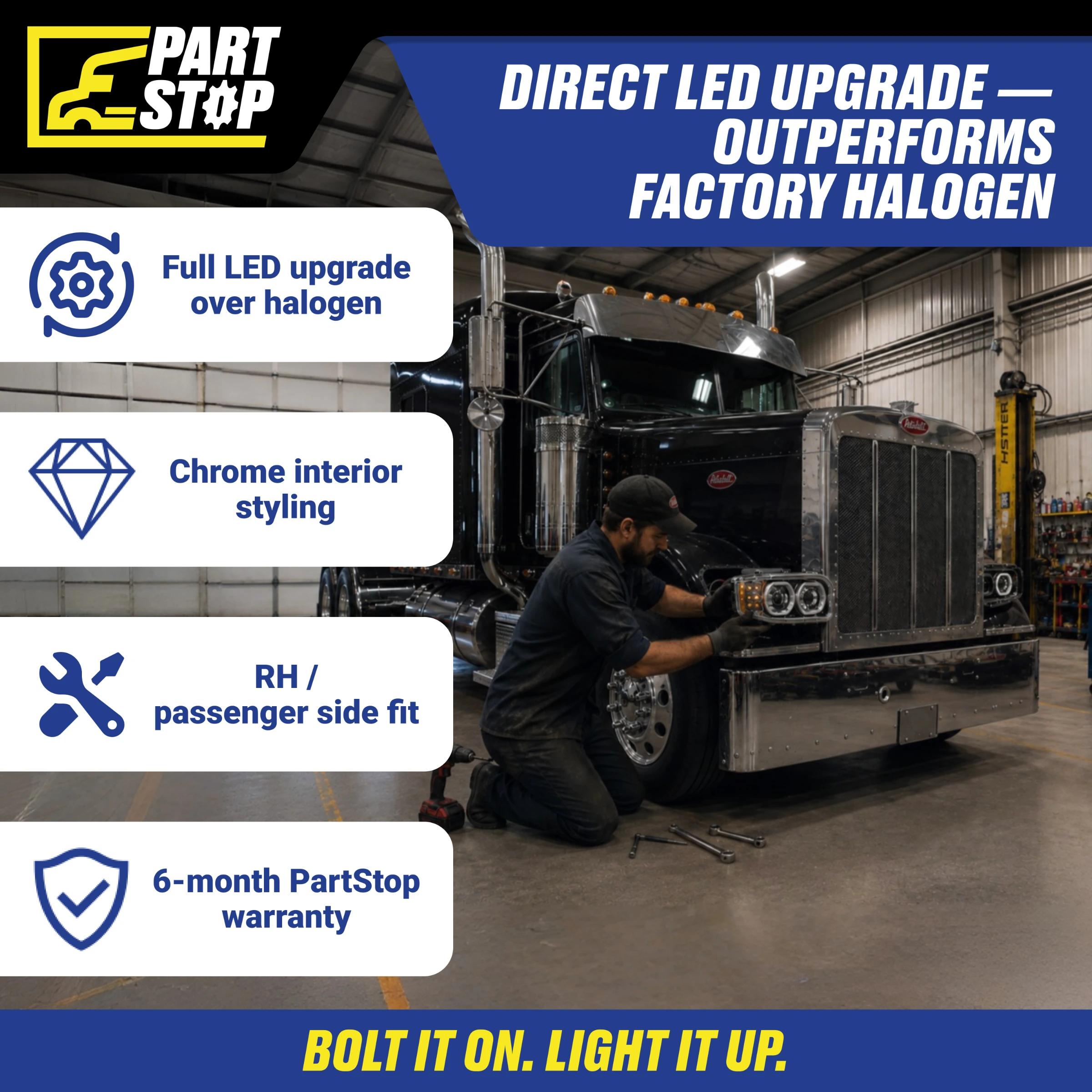LED Headlight Assembly RH Passenger Side Chrome Housing for Peterbilt 388 389 367 567 | Headlamp with Halo Rings | Replaces P54-6112-110R — infographic