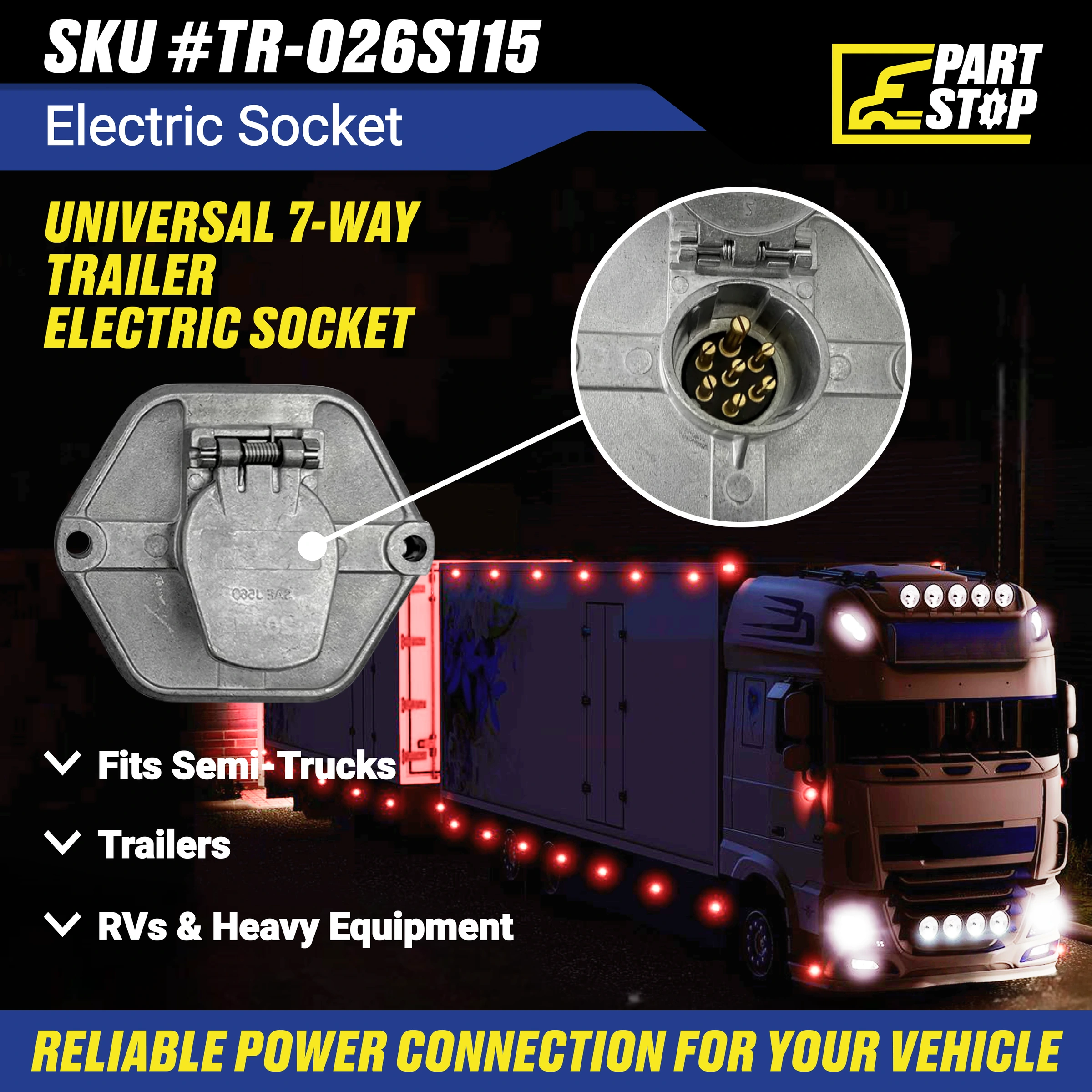 7-Way Round Pin Trailer Socket – Heavy-Duty SAE J560 Plug Receptacle Universal — infographic