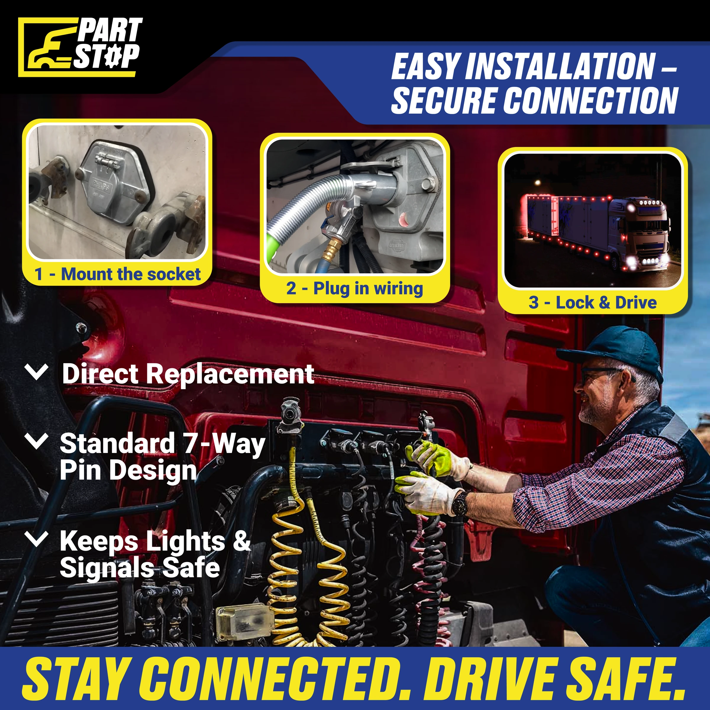 7-Way Round Pin Trailer Socket – Heavy-Duty SAE J560 Plug Receptacle Universal — infographic