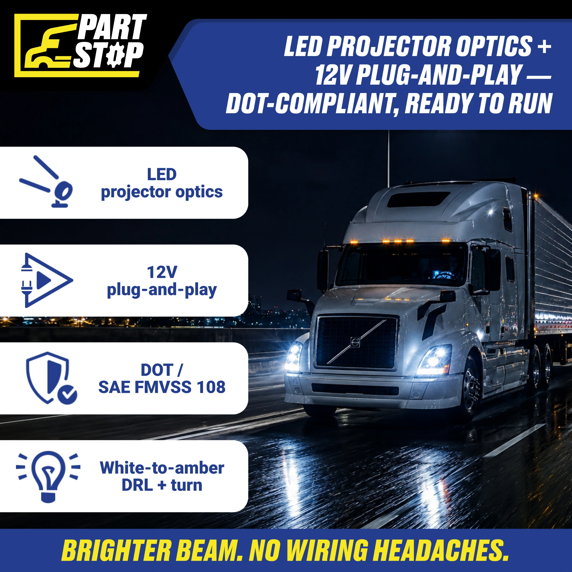 LED Headlight LH Driver Side For Volvo VN VNL VNM 2004-2018 | Black Housing Headlamp | Replaces 82329124 — infographic