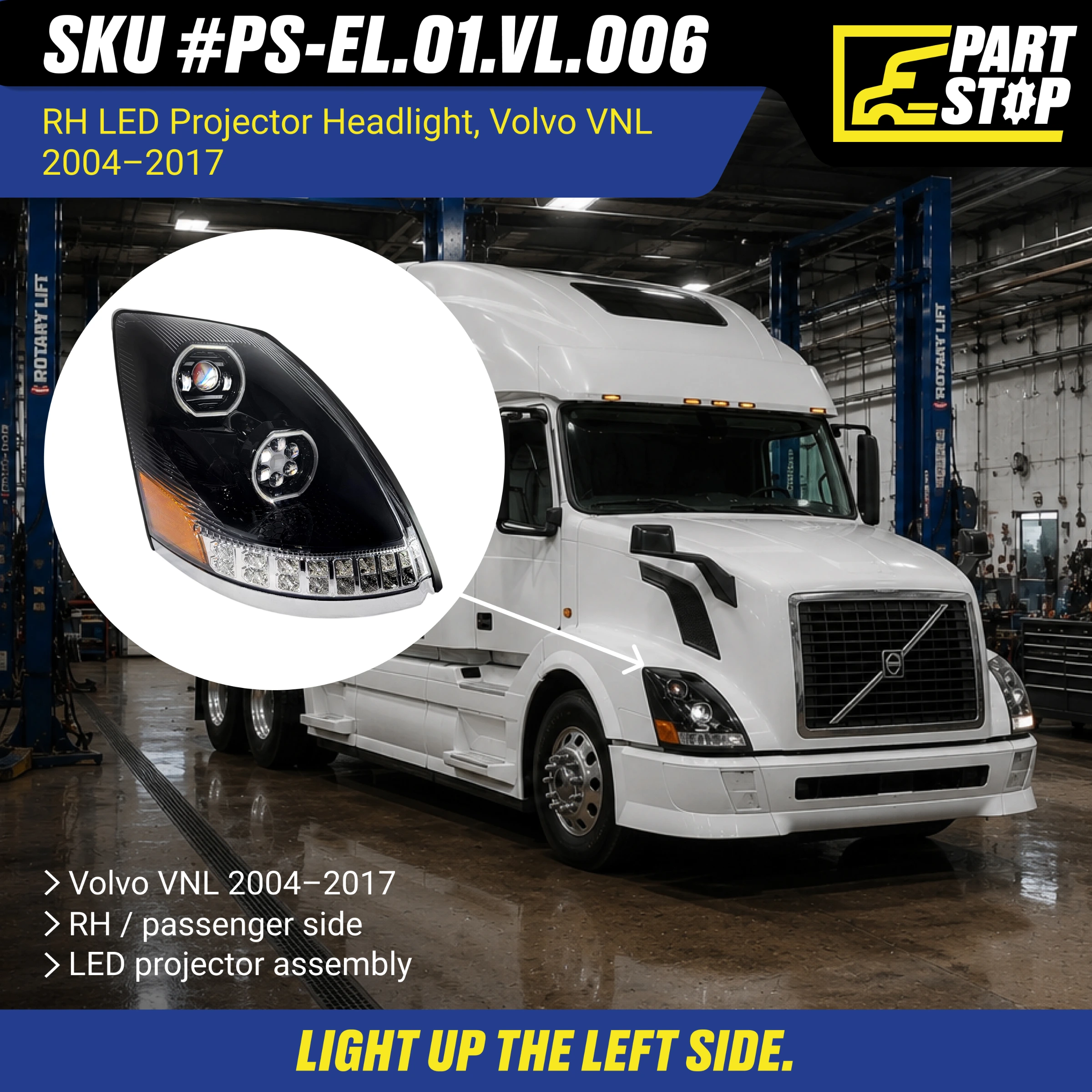 LED Headlight RH Passenger Side For Volvo VN VNL VNM 2004-2018 | Black Housing Headlamp | Replaces 82329127 — infographic