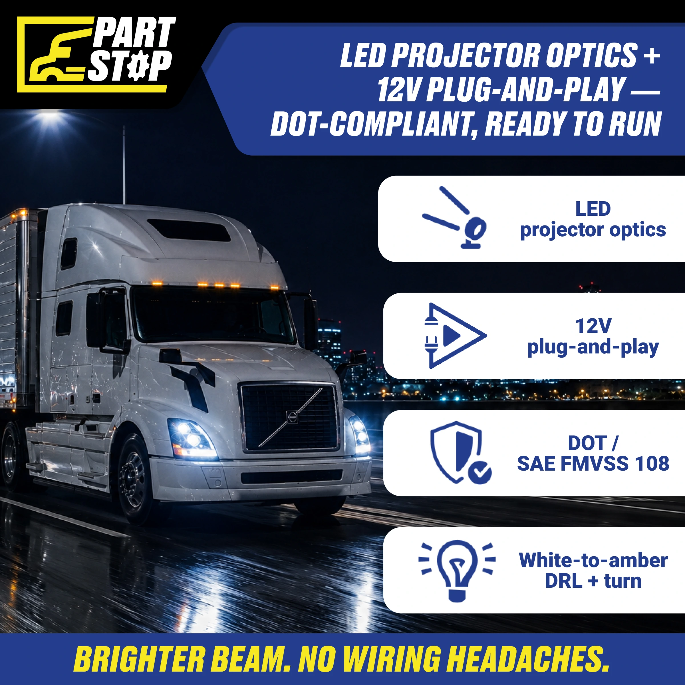 LED Headlight RH Passenger Side For Volvo VN VNL VNM 2004-2018 | Black Housing Headlamp | Replaces 82329127 — infographic