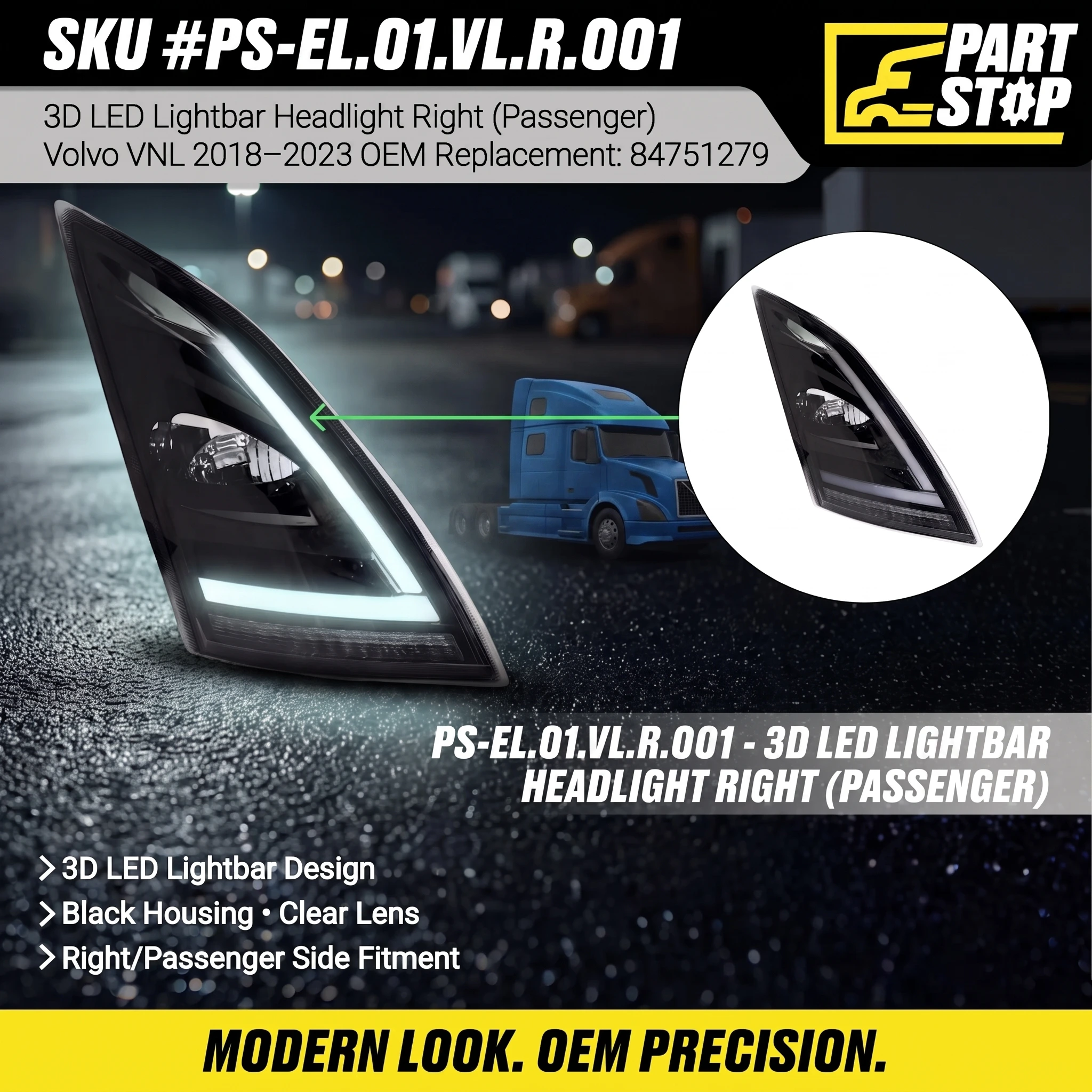 RH LED Headlight Assembly Fits Volvo VNL 2018-2023 , 78619544  , 23680020 — infographic